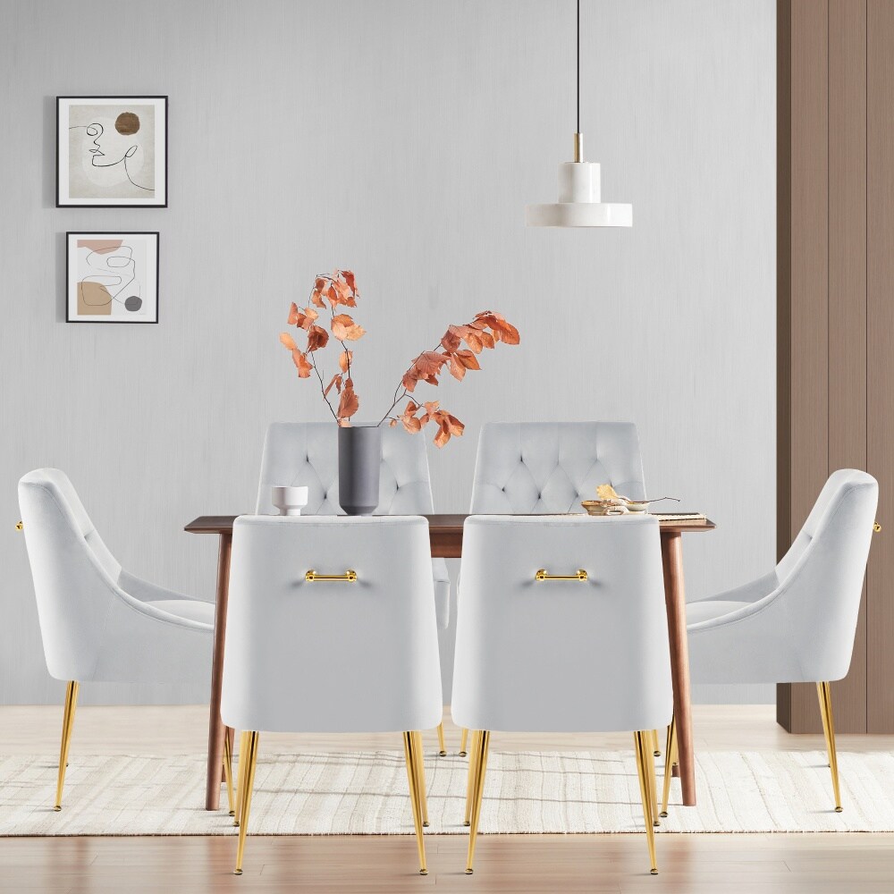 DYHOME Modern Dining Chairs Set of 6 Mid Century Velvet Upholstered Chairs Golden Legs and Back Pull Rod for  Living Room Kitchen Grey