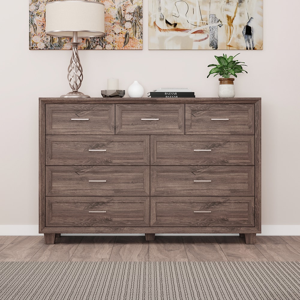 Homsee C-KF260179-02-AB Modern 9-Drawer Dresser with Angled Faux Thick Frame and Wood Finish Soft Matte Storage Chest with Solid Wood Legs for Bedroom or Living Room