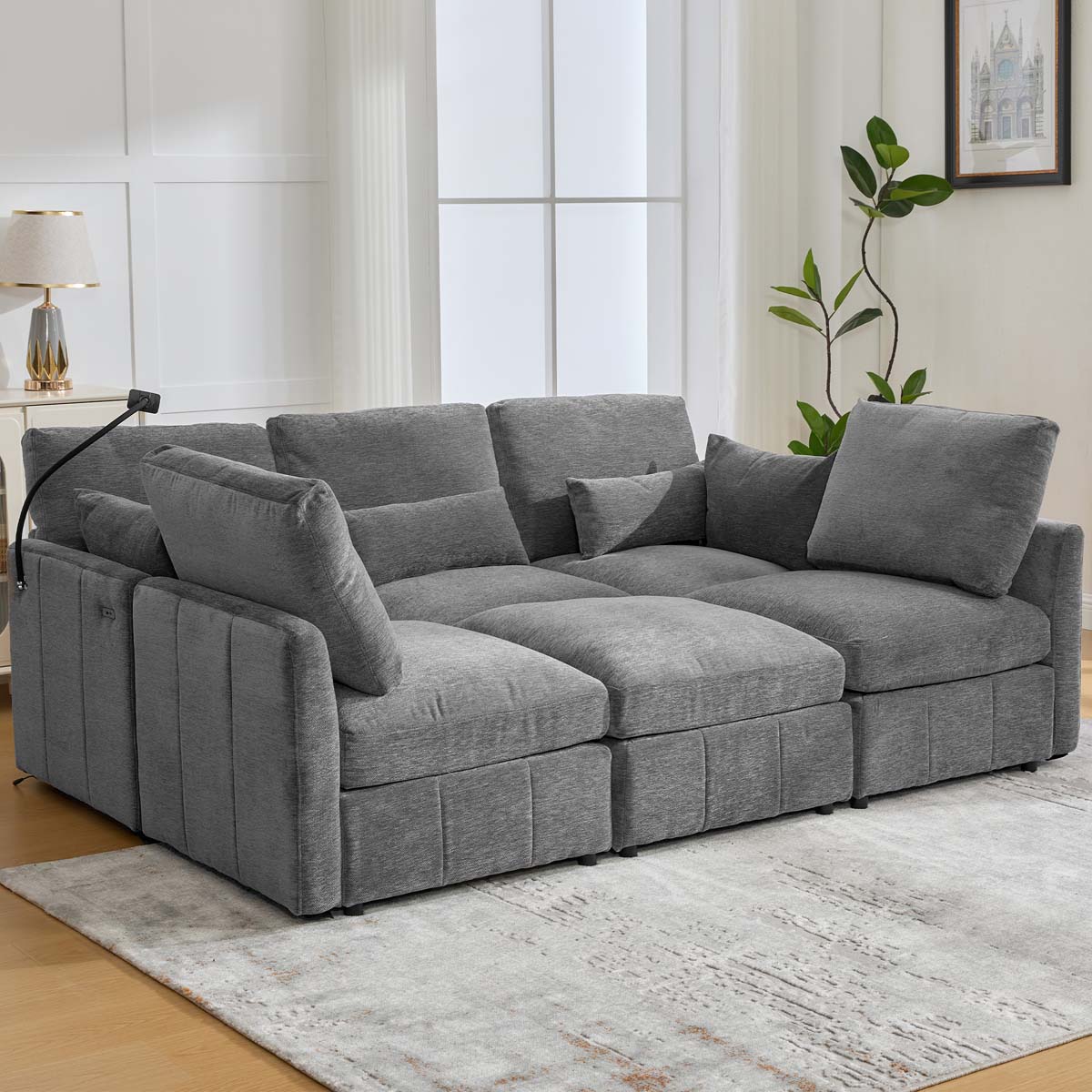 ModernLuxe Assembly Required Modern Sectional Sofa Modular Sofa 85.4inch Ushaped Sofa Couch Sofa Bed Lshaped Sofa with a Movable Ottoman and Two USB Ports and a Phone Holder for Living Room Grey