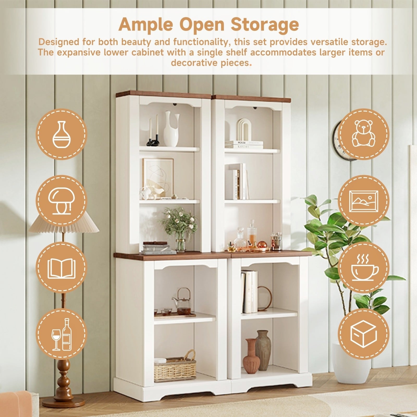 GlasFlength  42 Inch Two Piece Freestanding Tall Cabinet with Open Storage Curved Design Anti Tip Device Stylish Display Organizer for Living Room White