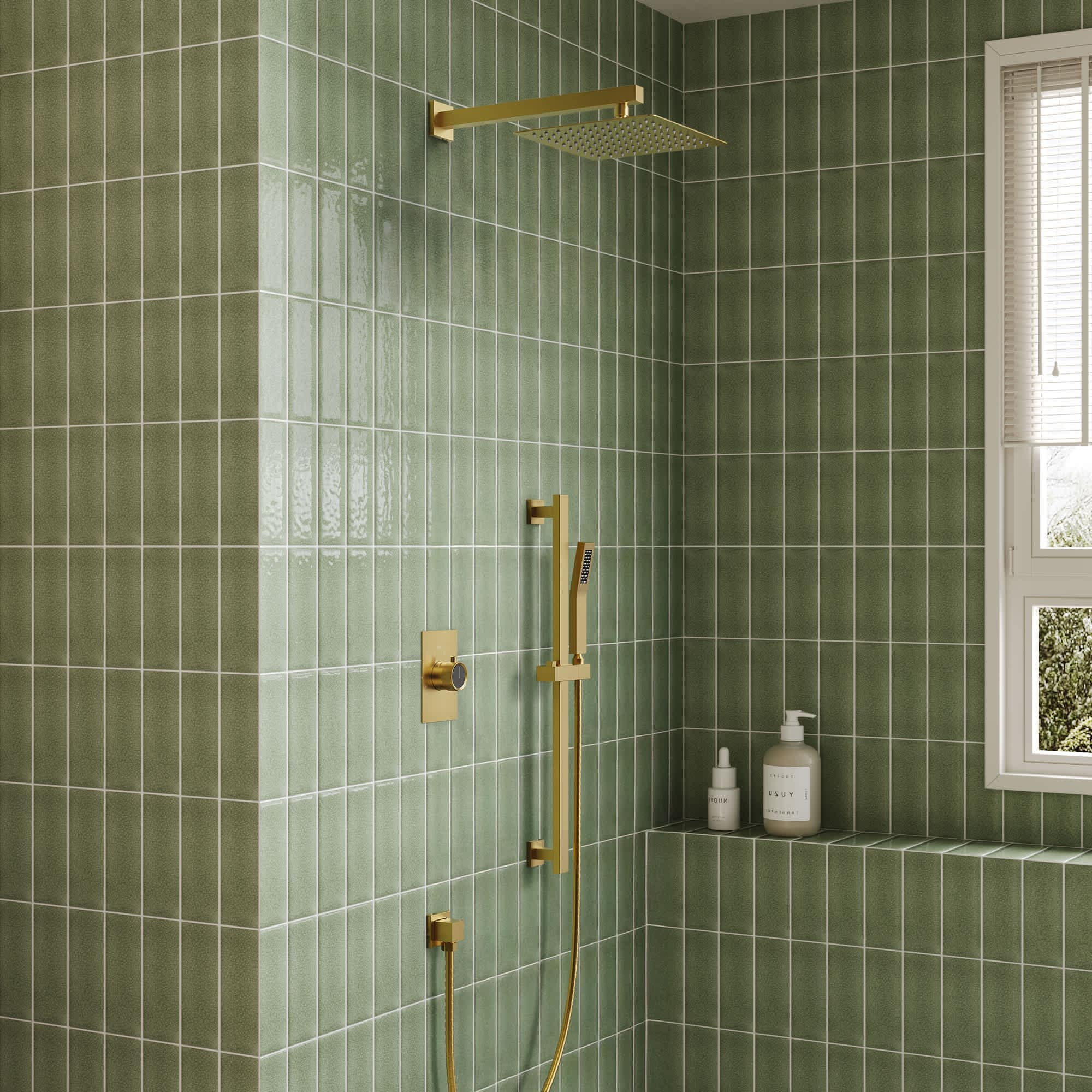 EVERSTEIN SFS-1036-GD10 Single-Handle Rain 2-Spray Square 10 in. Dual Shower Head Fixed and Handheld Shower Head 2.5 GPM in Brushed Gold