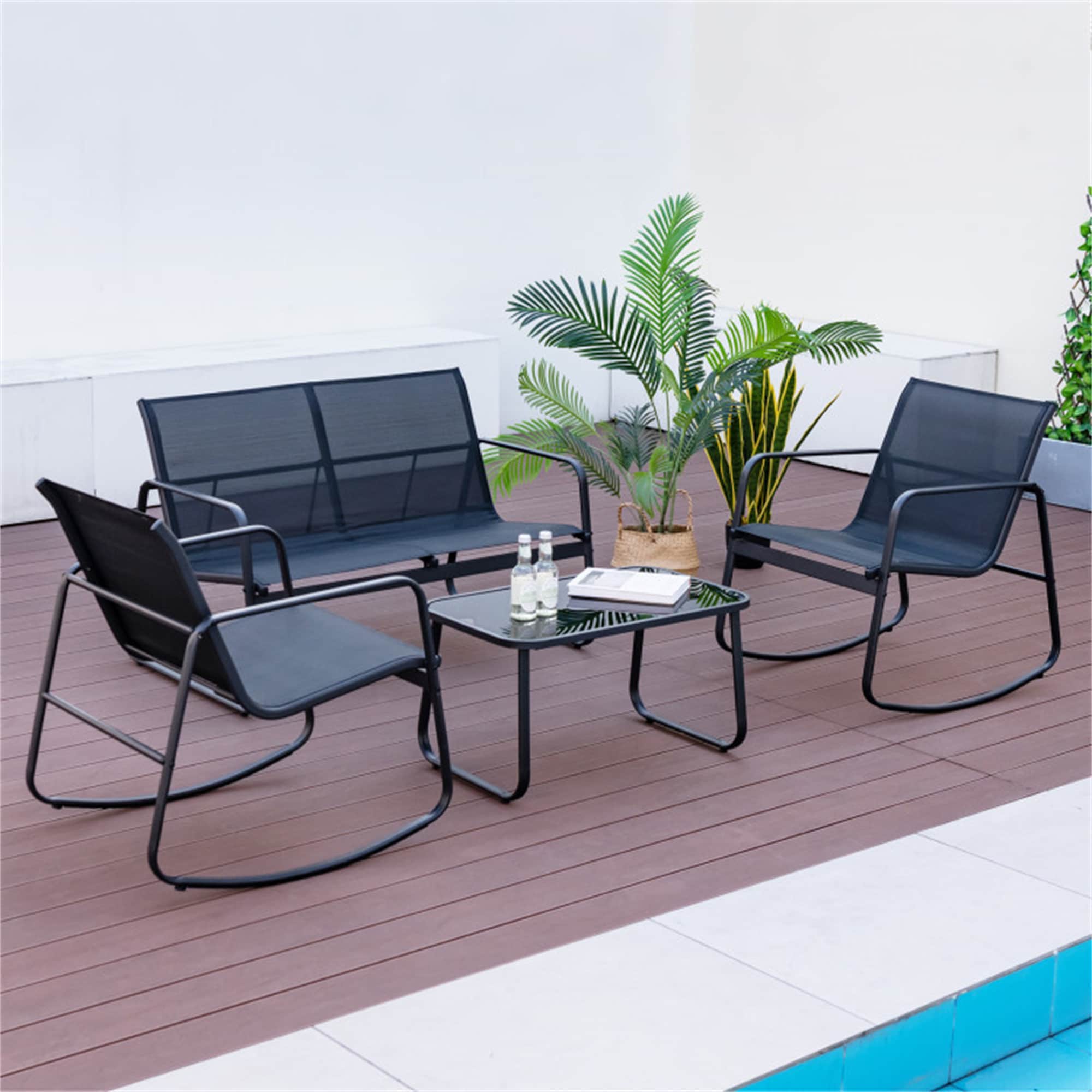 BABOOM BOM-72586WH-CO Patio Rocking Set 4 -Piece Patio Conversation Set with Black