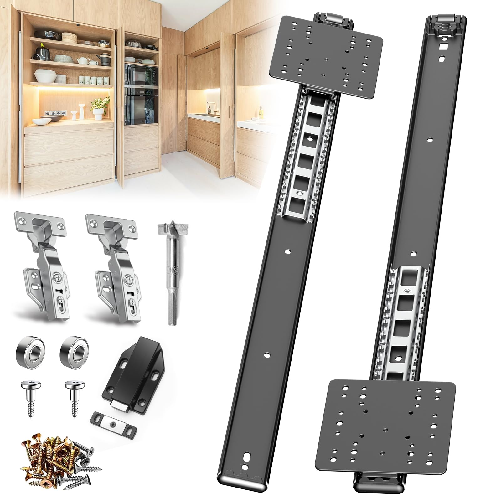 LILILIAN FMY  22in Pocket Door Hardware Slide Set Hidden Sliding Pocket Pivot Door Rail with Hinge for Cabinet Heavy Duty Furniture Silent