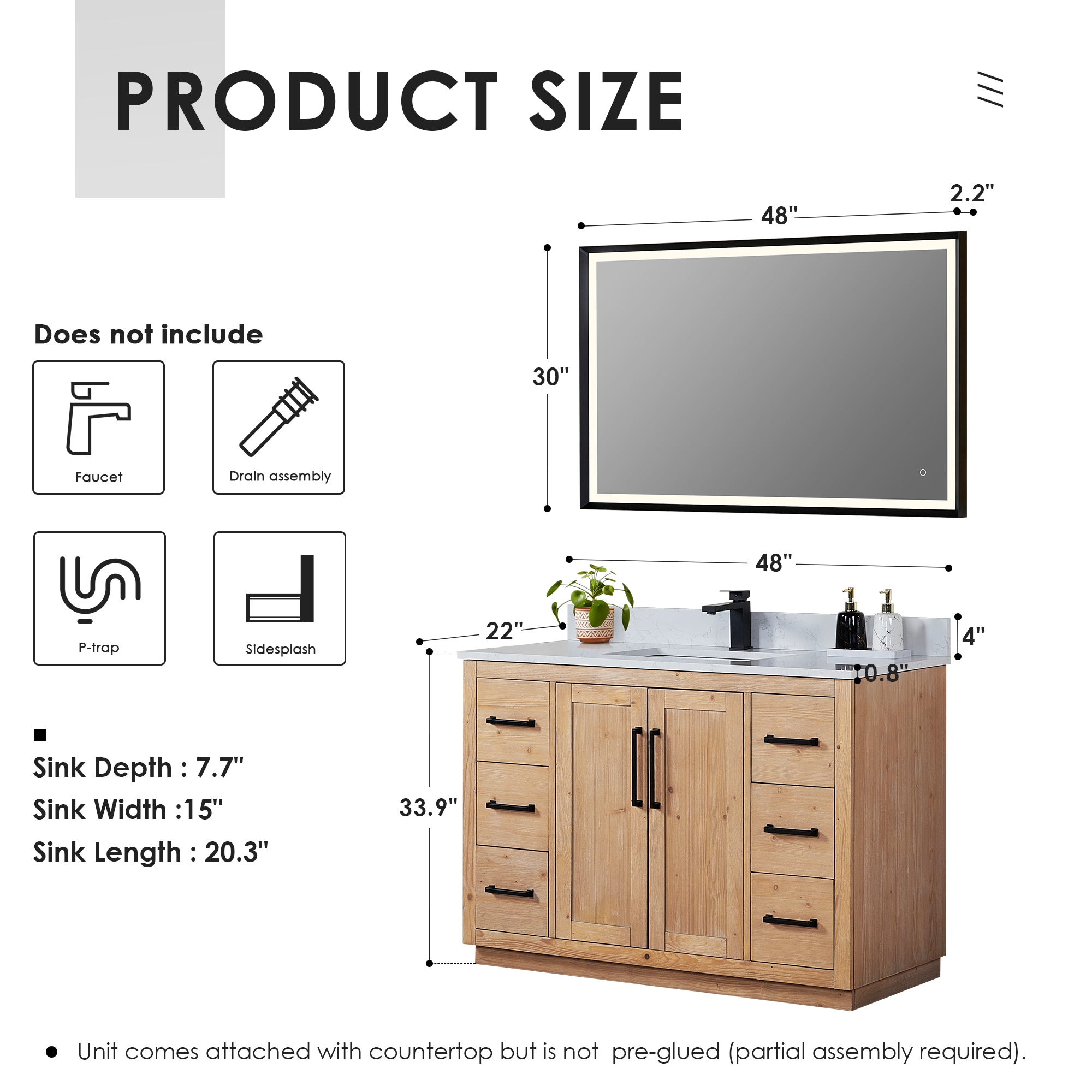 Cicero 48" Light Brown Fir Wood Vanity with White Stone Top and Mirror