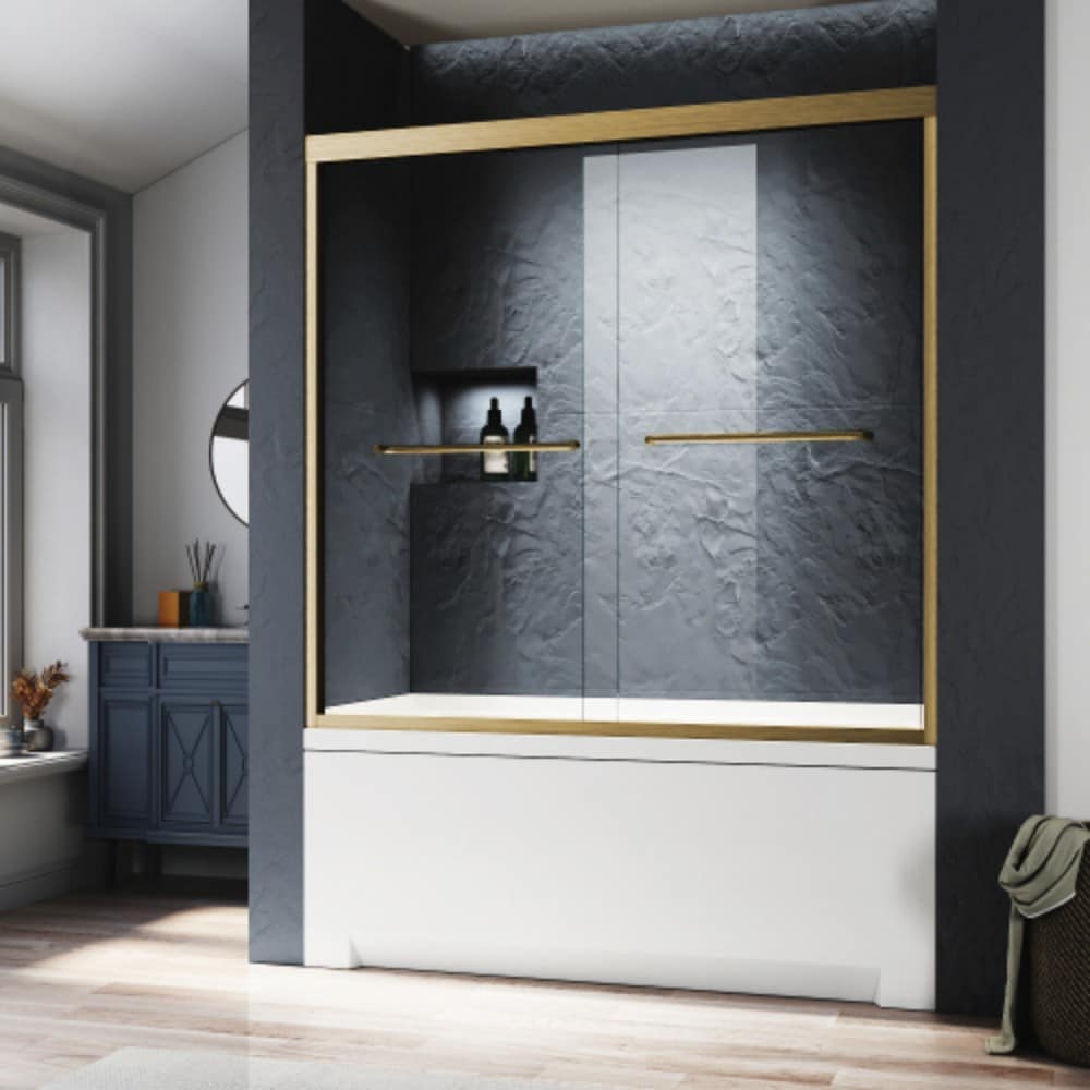 Tatayosi Glass Bathtub Shower Door 56-60 inches W x 57 inches H Brushed Gold Semi Frameless Double Bathtub DoorCertified SGCC ANSI Clear Tempered GlassStainless Steel Handles