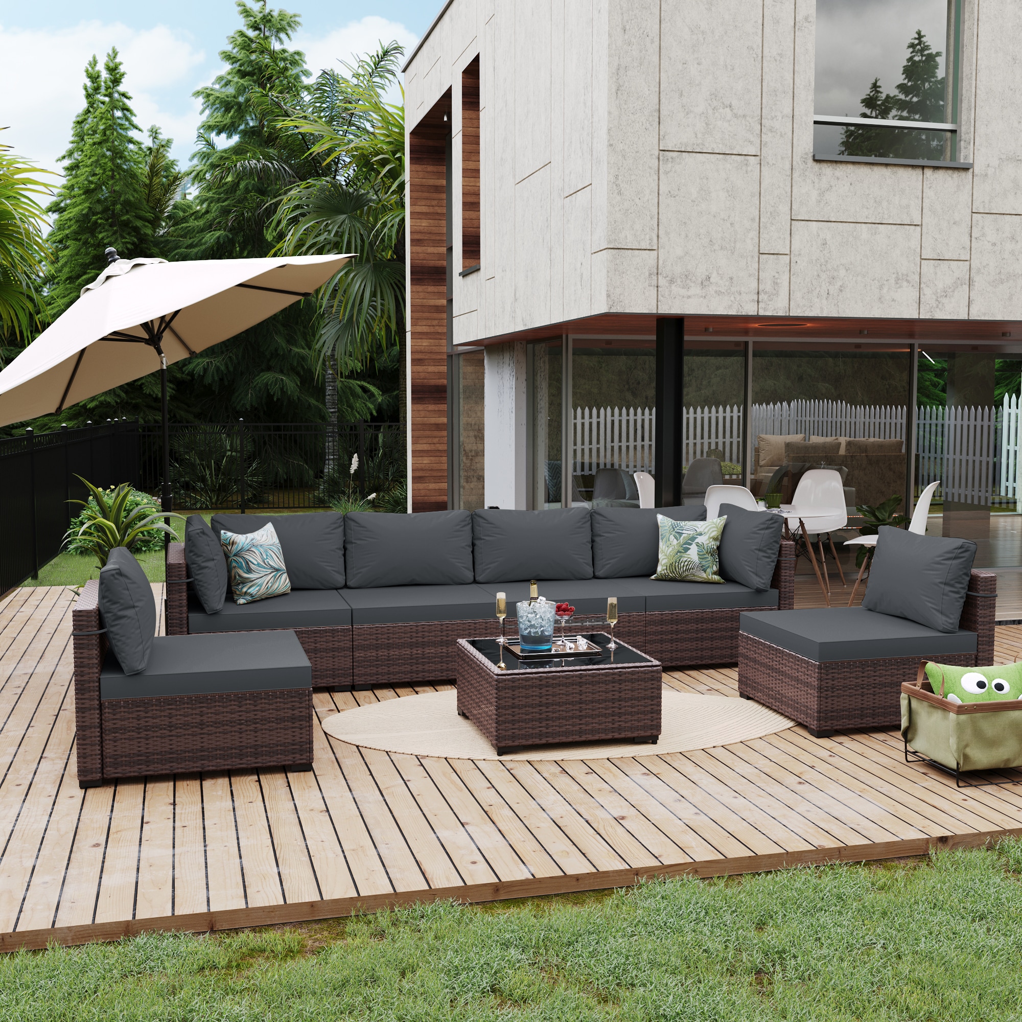 UPHA TBSF-ABC-DGRAY 7 -Piece Wicker Patio Sofa Conversation Set with Gray Cushions