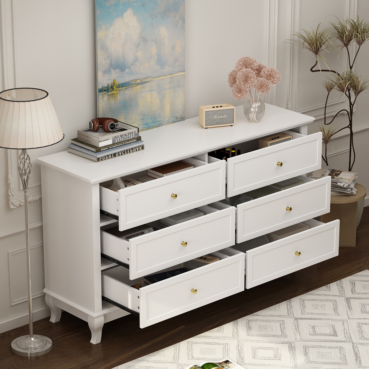 FUFU&GAGA Contemporary White Double Dresser With 6 Drawers, Modern ...