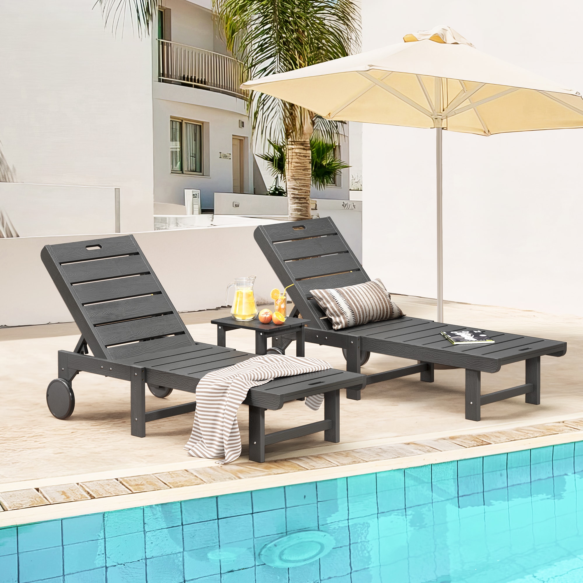 Yurevna 2JD-001-04LS Chaise lounge Set of 2 Dark Grey HDPE Frame Stationary Chaise Lounge Chair with Slat Seat
