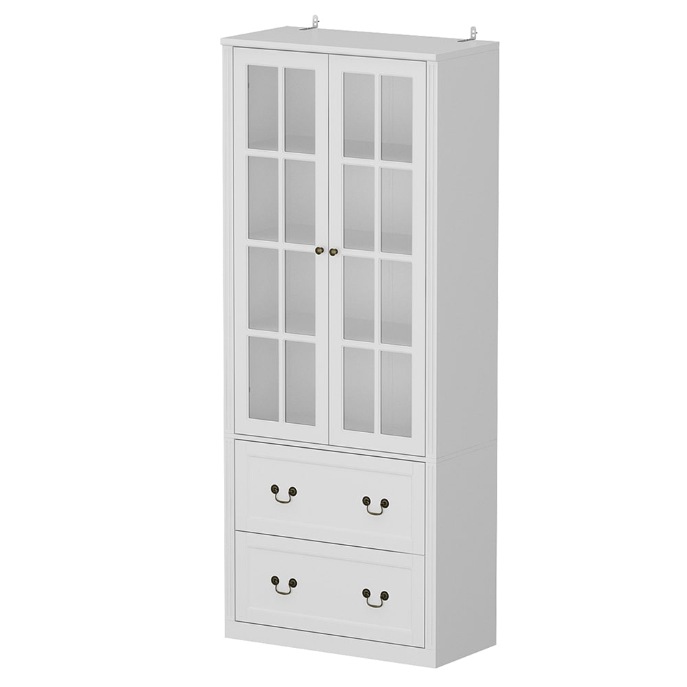 White Wooden Bookcase with Glass Doors and 2 Drawers Tall Cabinet Storage Organizer for Living Room or Study #V-KF020314-01