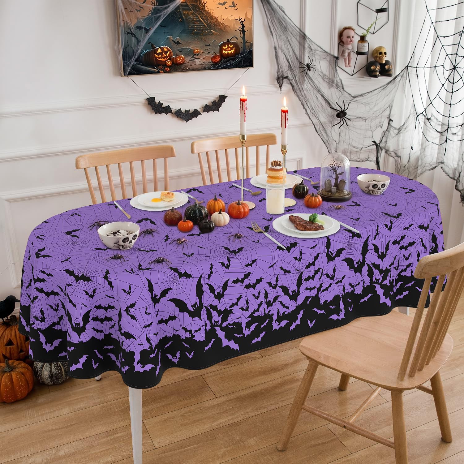 Justincity  Oval Halloween Tablecloth Purple Spider Web Bat Design 60 by 84 Inch Washable Durable Table Cover for Party Picnic Dinner