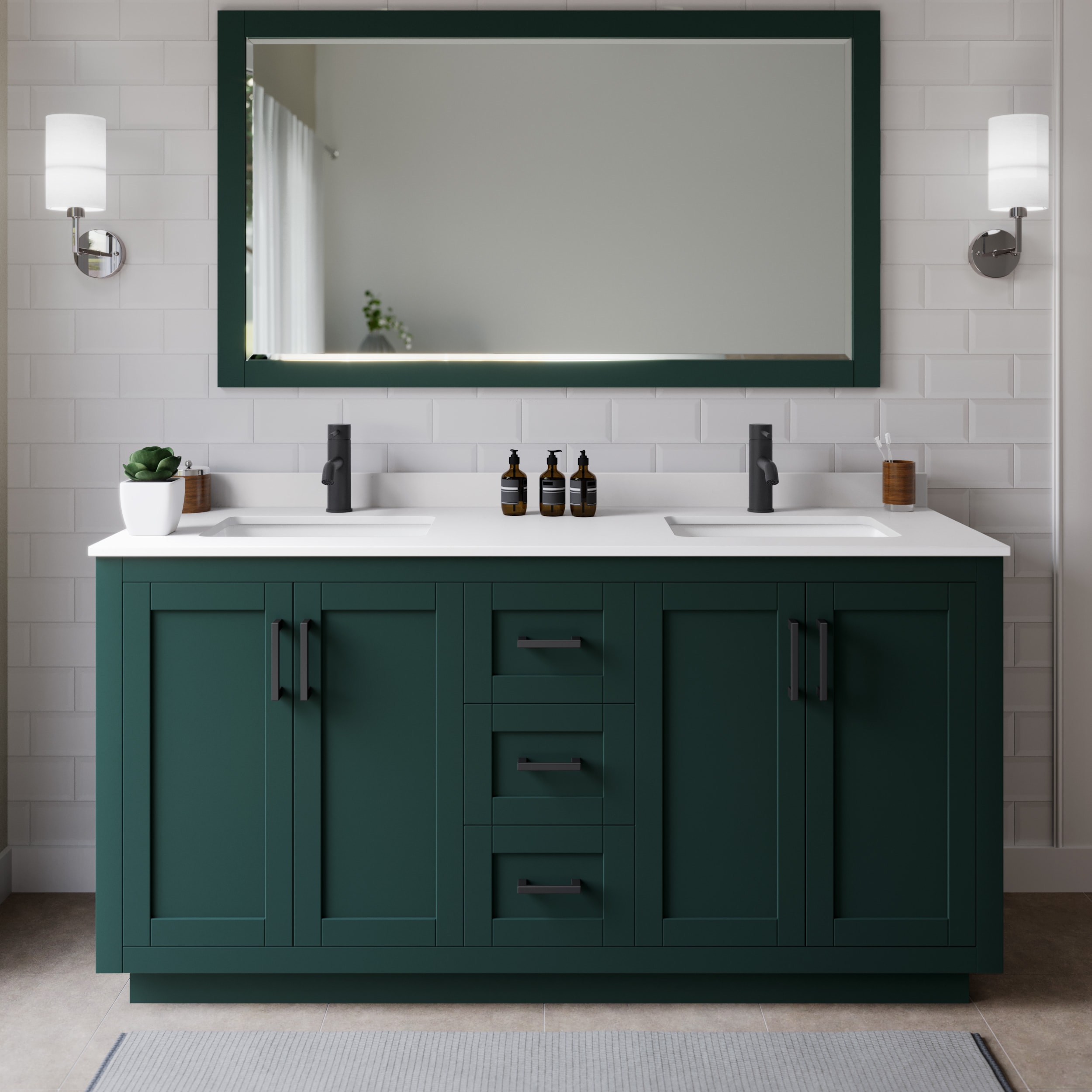 Wyndham Collection WCF292966DGKWCUNSMXX Miranda 66-in Green with Matte Black Trim Undermount Double sink Bathroom Vanity with White Cultured Marble Cultured marble Top