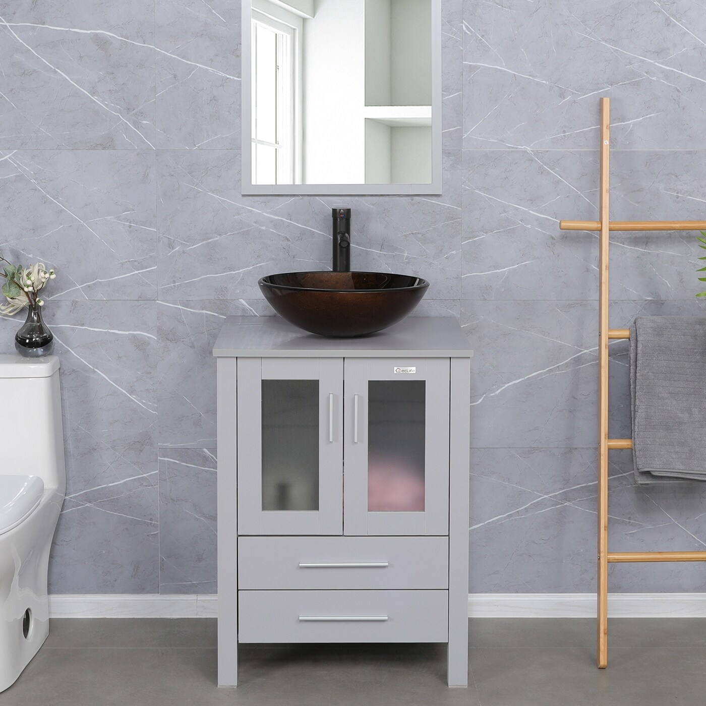 eclife 24 inch Single Sink Gray Bathroom Vanity with Brown Glass Vessel Sink Top