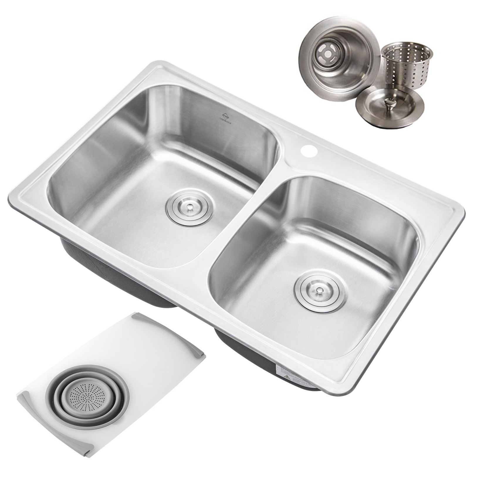 eModernDecor ALTO-6040-1-SGY Drop-in 33-in x 22-in Stainless steel Double offset bowl 1-Hole 18 -Gauge Kitchen Sink
