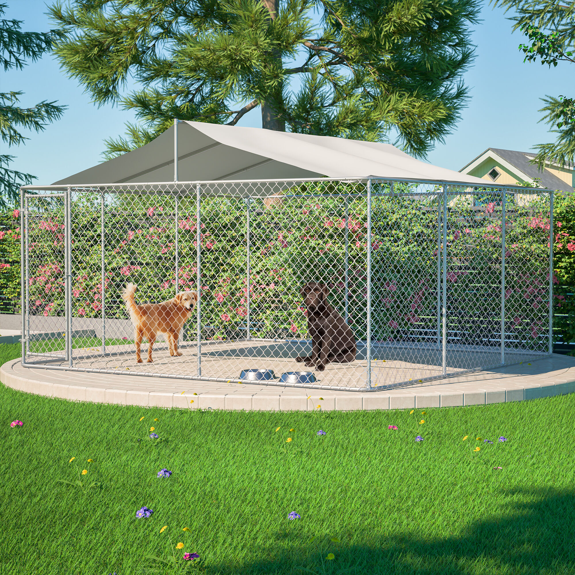 JUSHUA Heavy Duty Outdoor Dog Kennel Galvanized Chain Link Playpen with Waterproof Anti UV Cover Secure Lock Large Exercise Pen for Puppy and Pets