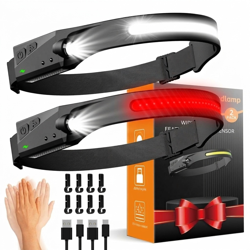 Vrbgify 2 Pack Rechargeable LED Headlamps 230 Degree Wide Beam 7 Modes Red Light Motion Sensor Waterproof Lightweight Hard Hat Headlamp for Running Camping Hiking #LVG0427P32