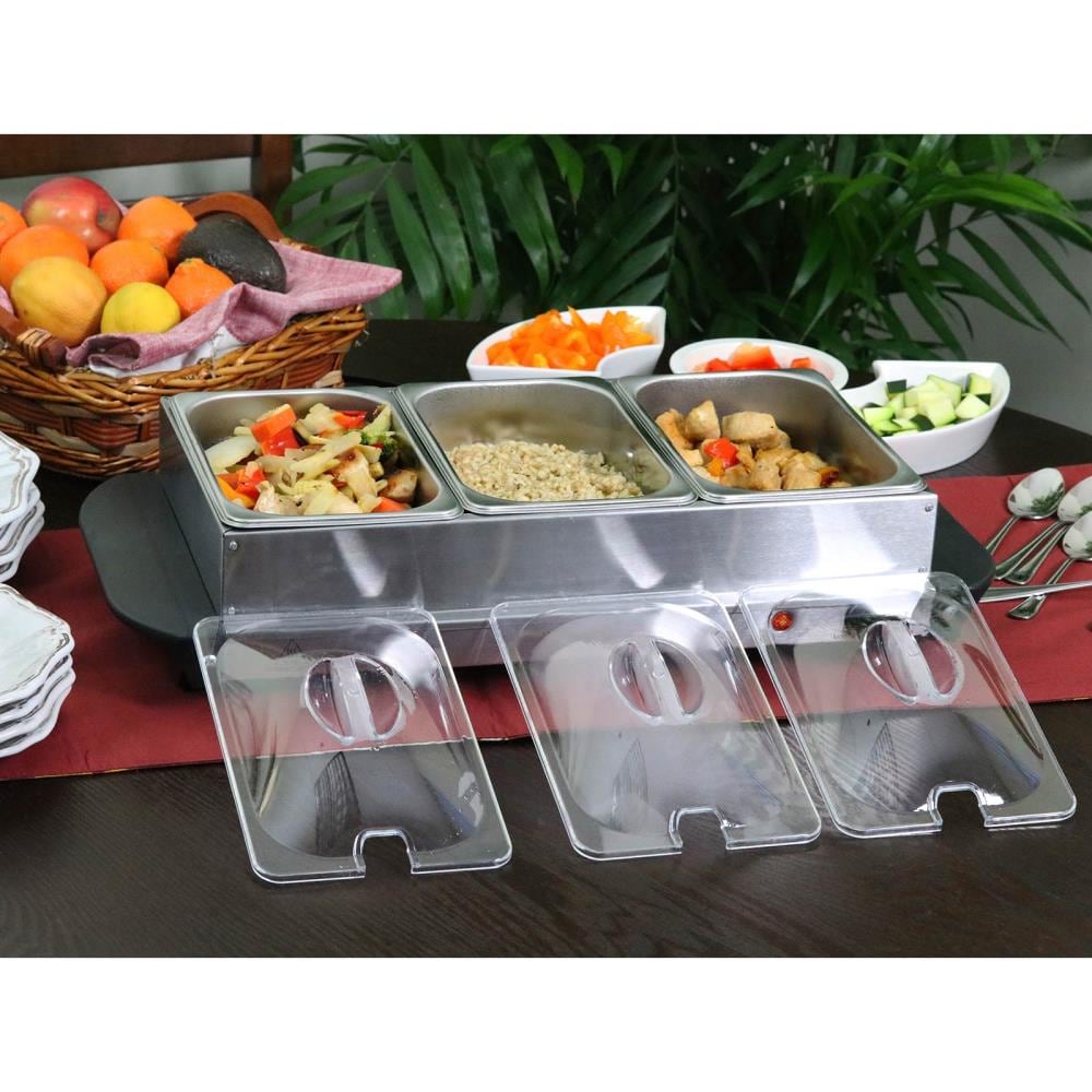 Ovente Electric Buffet Server Three Sectional Stainless Steel Food Warmer Tray