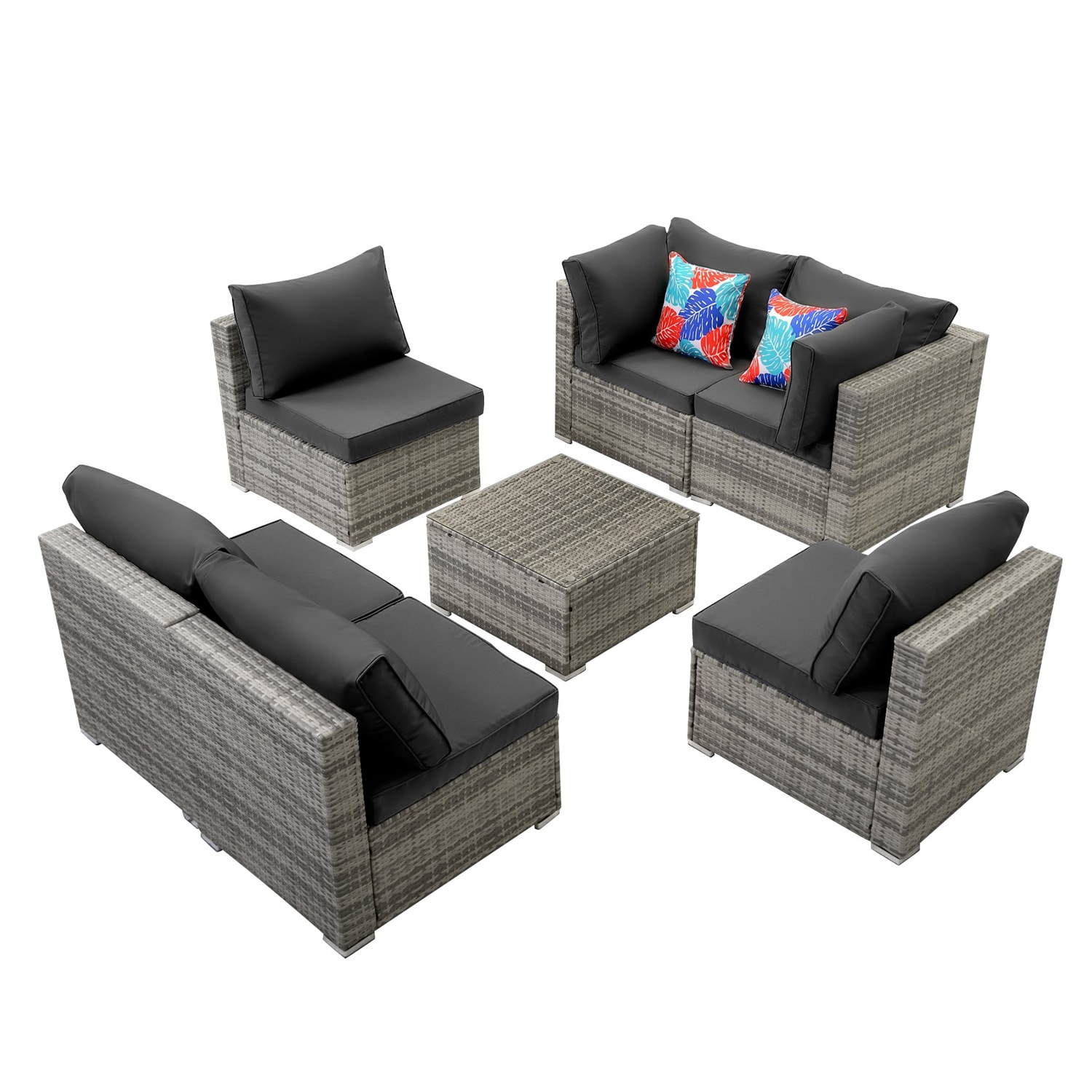Mondawe OR-SH-100AAE-TM 7-Piece Rattan Patio Conversation Set with Gray Cushions