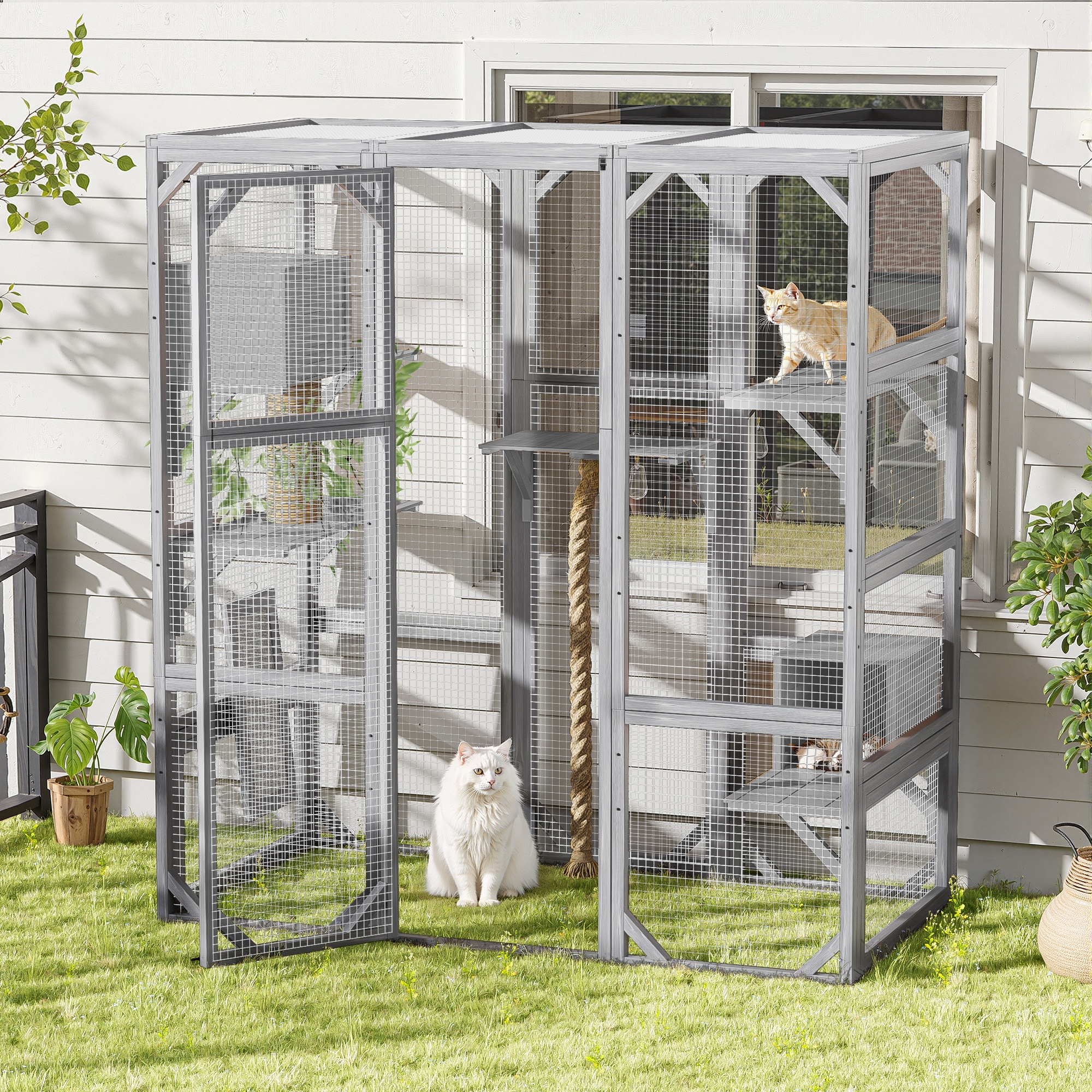 Tatayosi T2-P283198E Outdoor Cat House DIY Cat Enclosure Cat Catio with Double Enter Doors Balcony Cat Playpen with Platforms and Two Condos for 1-3 Cats Light Grey