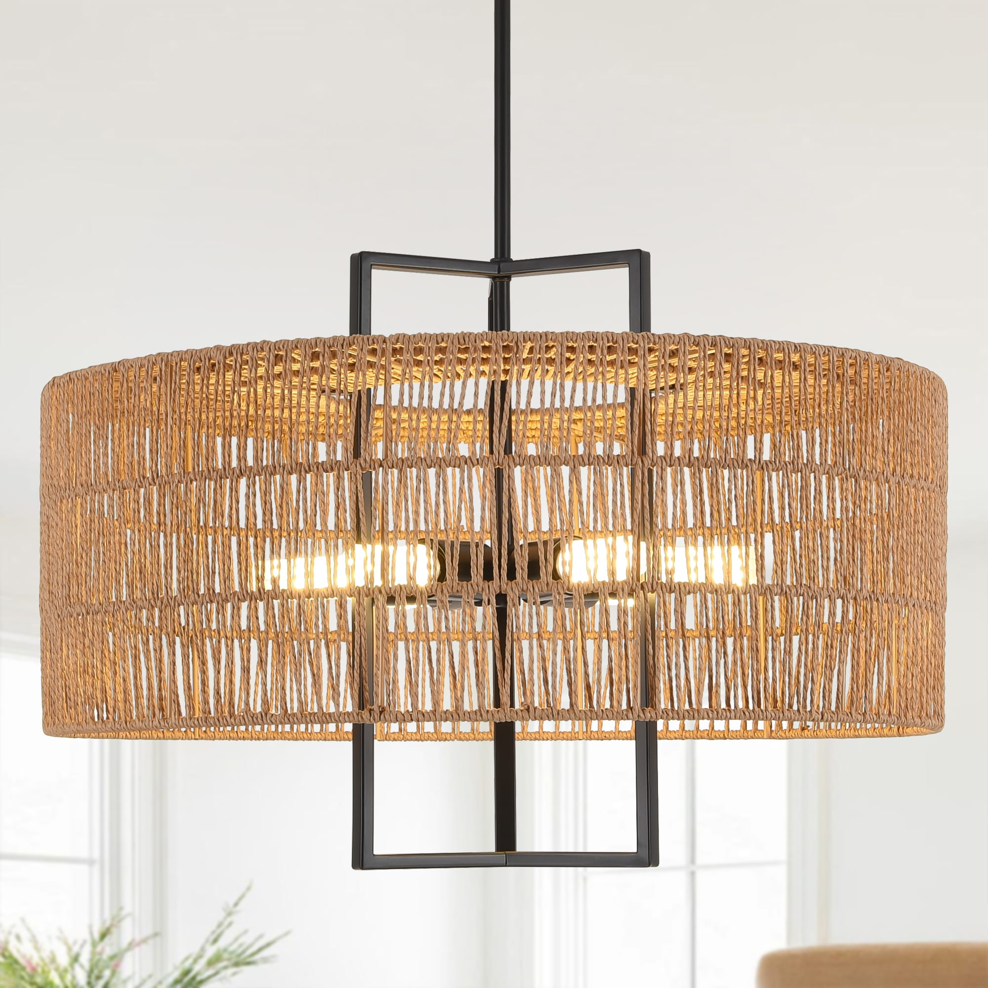 ZemSum 23.6-in 6-Light Black Bohemian/global Drum Rattan Metal Chandelier
