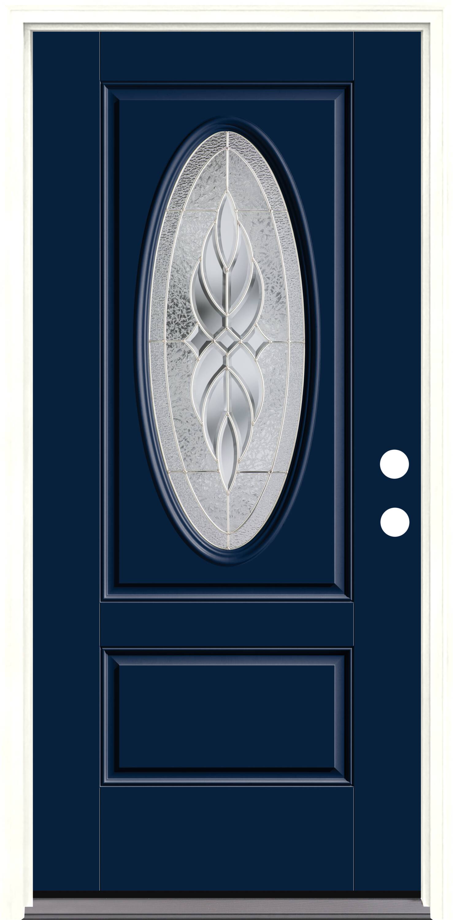 Therma-Tru Benchmark Doors TTB641435SOS Varissa Entry Door 36-in x 80-in x 4-9/16-in Fiberglass Oval lite Left-hand inswing Navy Painted Prehung Front Door with Brickmould Insulating core