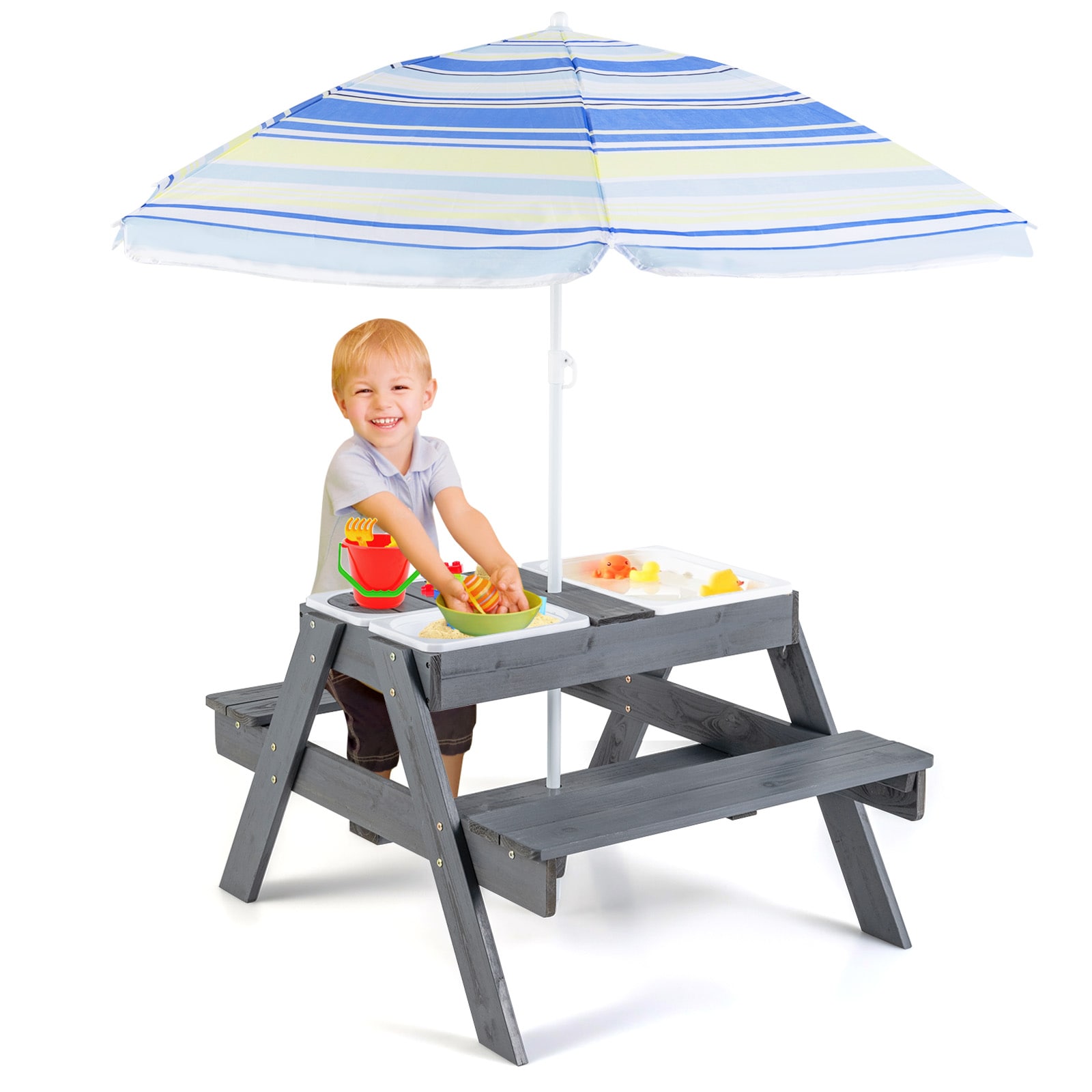 Slickblue - Kids Rectangular Wooden Picnic Table Set with Benches 3 Removable Bins Foldable Umbre...
