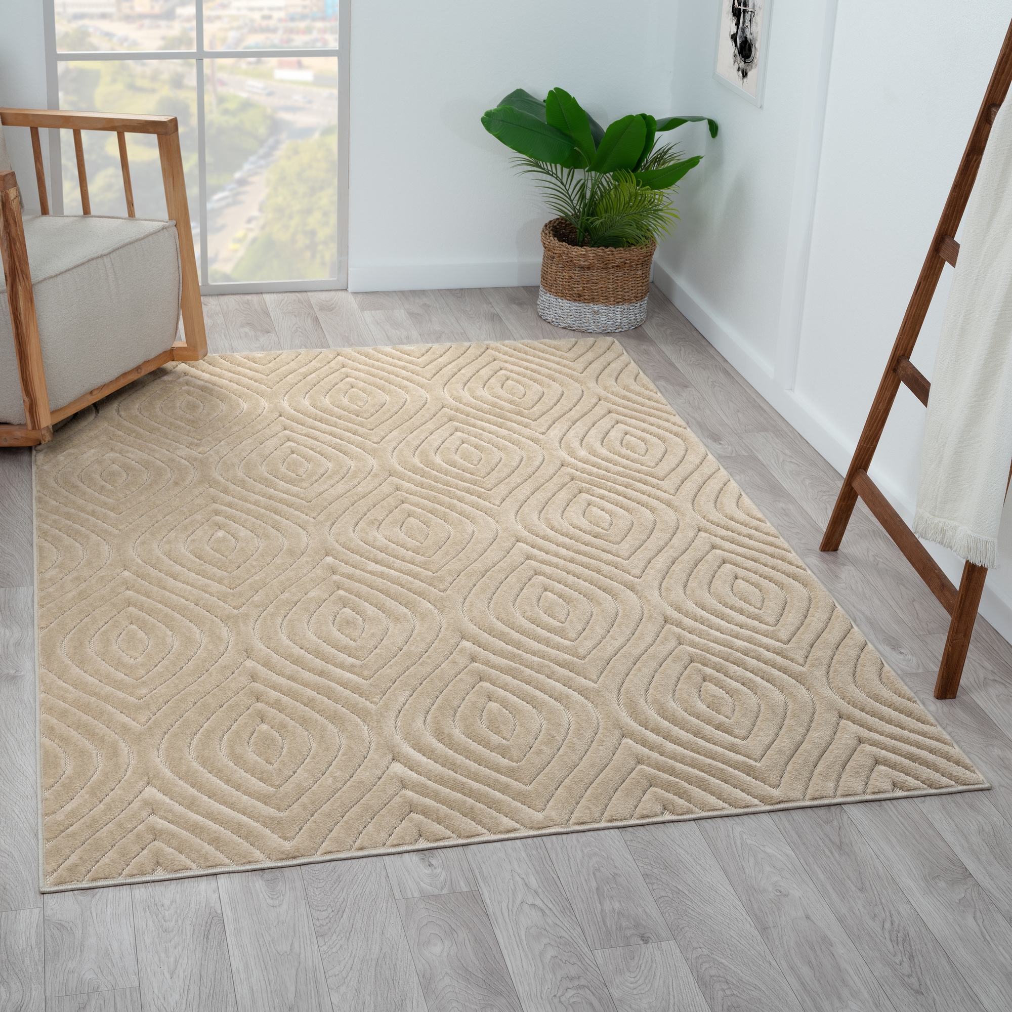 Beige Rectangular 5' x 7' Synthetic Stain-Resistant Area Rug