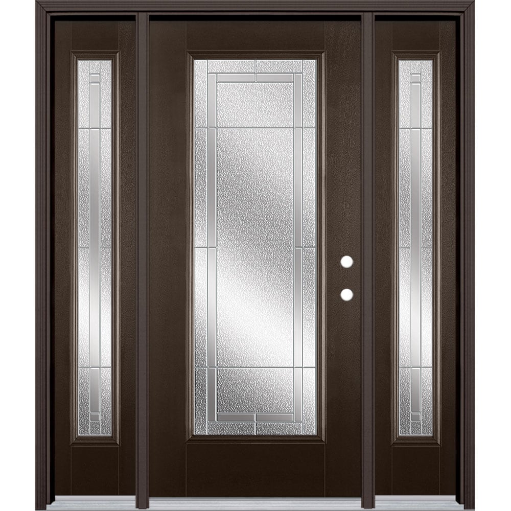 Masonite 3419863 Focus 60-in x 80-in x 4-9/16-in Fiberglass Full lite Left-hand inswing Walnut Stained Prehung Front Door with Sidelights with Brickmould Insulating core