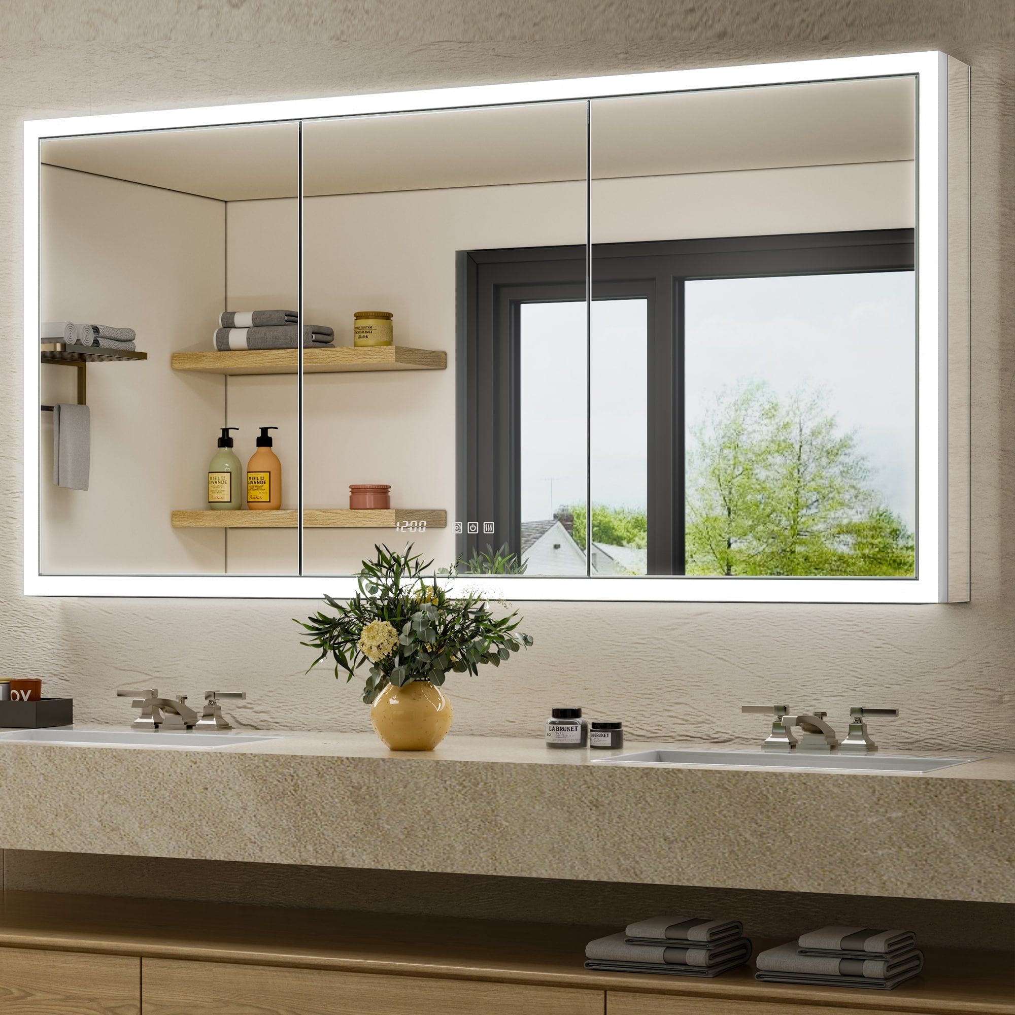 QueenFun BLMC6030 Elega 60-in x 30-in Lighted LED Fog Free Surface/Recessed Mount Silver Mirrored Rectangle Soft Close Medicine Cabinet