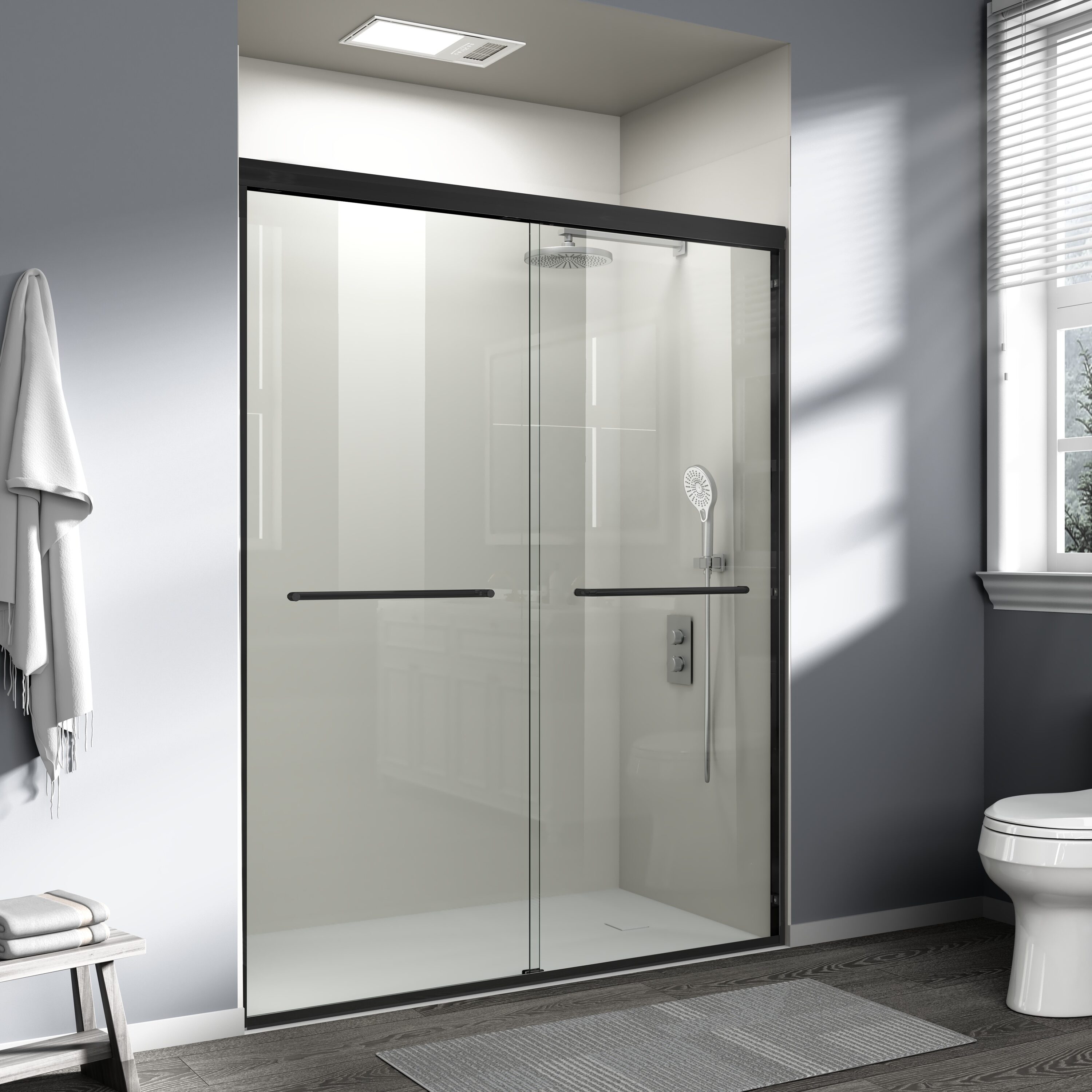 Boho Havens 56-60 in. W x 72 H Double Sliding Shower Door Semi-frameless Bathroom with 1/4 Inch (6mm) Tempered Glass for Walk-in Matte Black CM-24D03-60MBX #ZC-T5223P411682