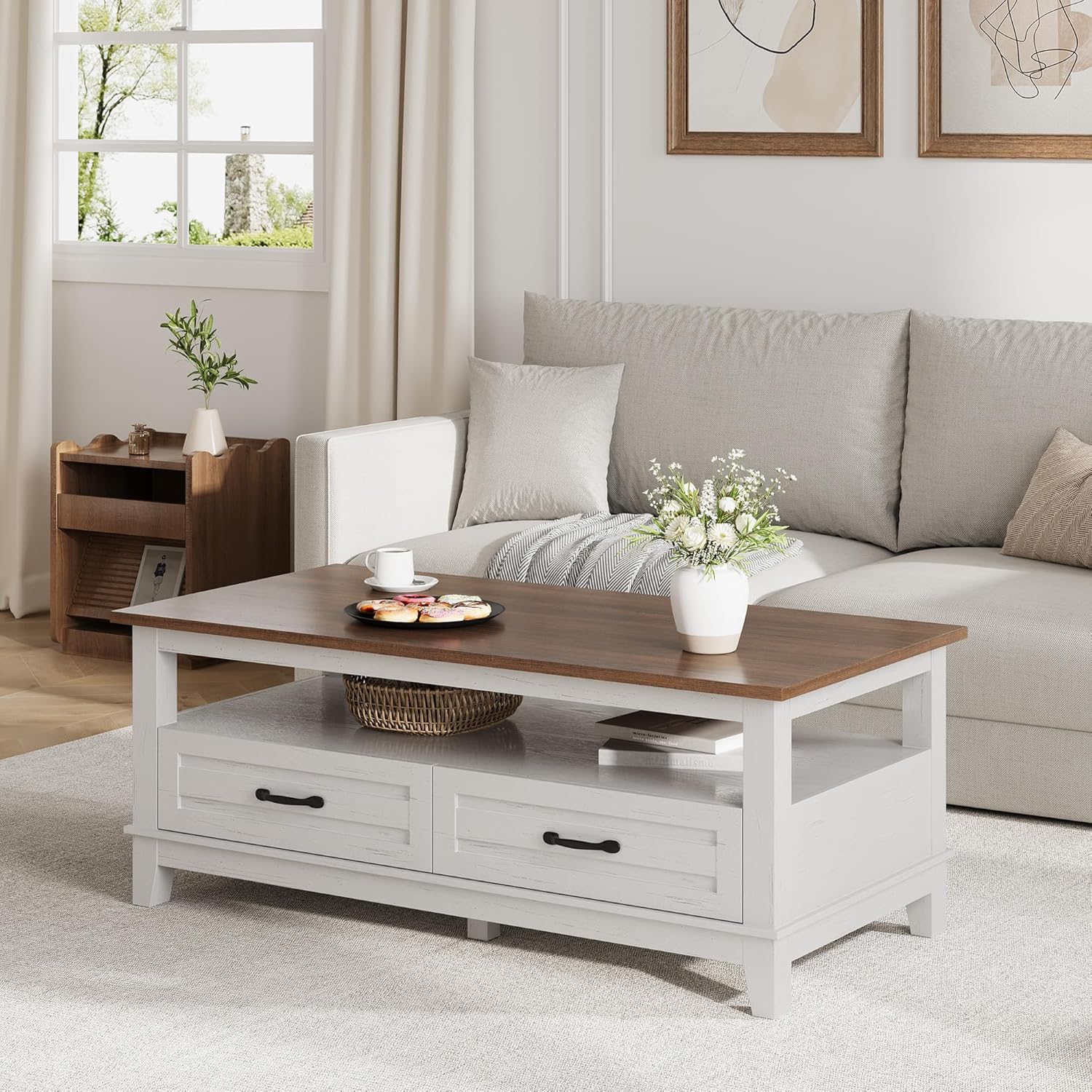 Qeetex LHF-BZ-PHO-33ETCGF6 47inch Farmhouse Coffee Table with Drawers Rustic Coffee Table Wood Center Table Easy Assembly Living Room Table for Office Parlor Reading Room - White