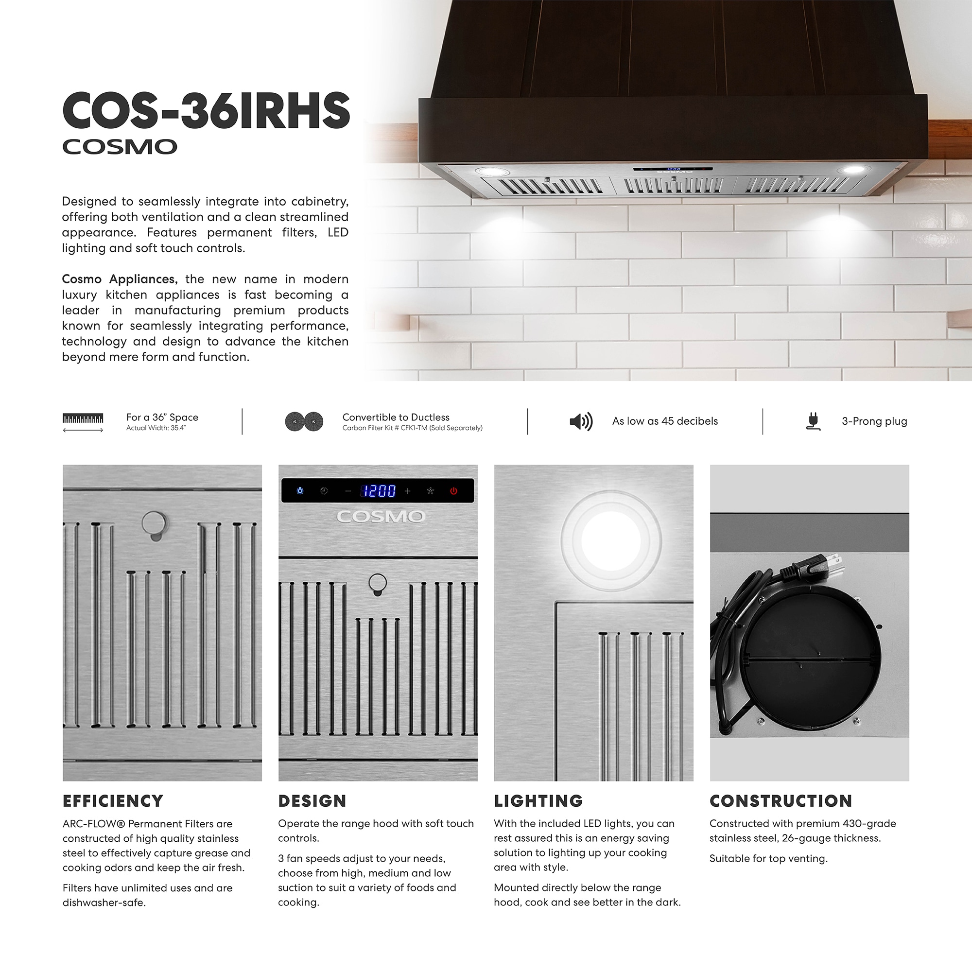 Cosmo 36" Stainless Steel Insert Range Hood with LED Lights