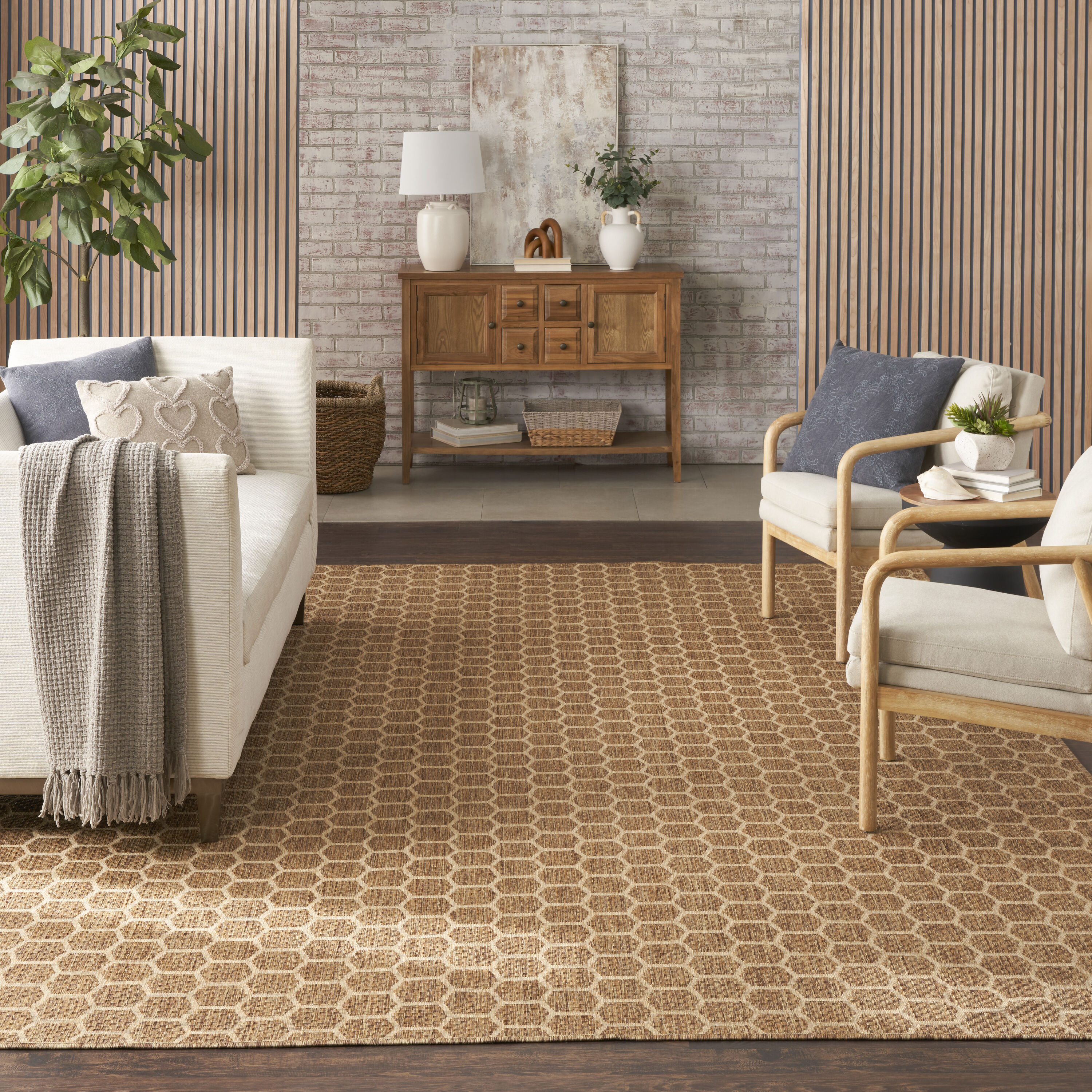 Nourison Home 099446974419 Reversible Indoor Outdoor 8 x 10 (ft) Polyester/Polypropylene Natural Rectangular Indoor/Outdoor Geometric Area rug