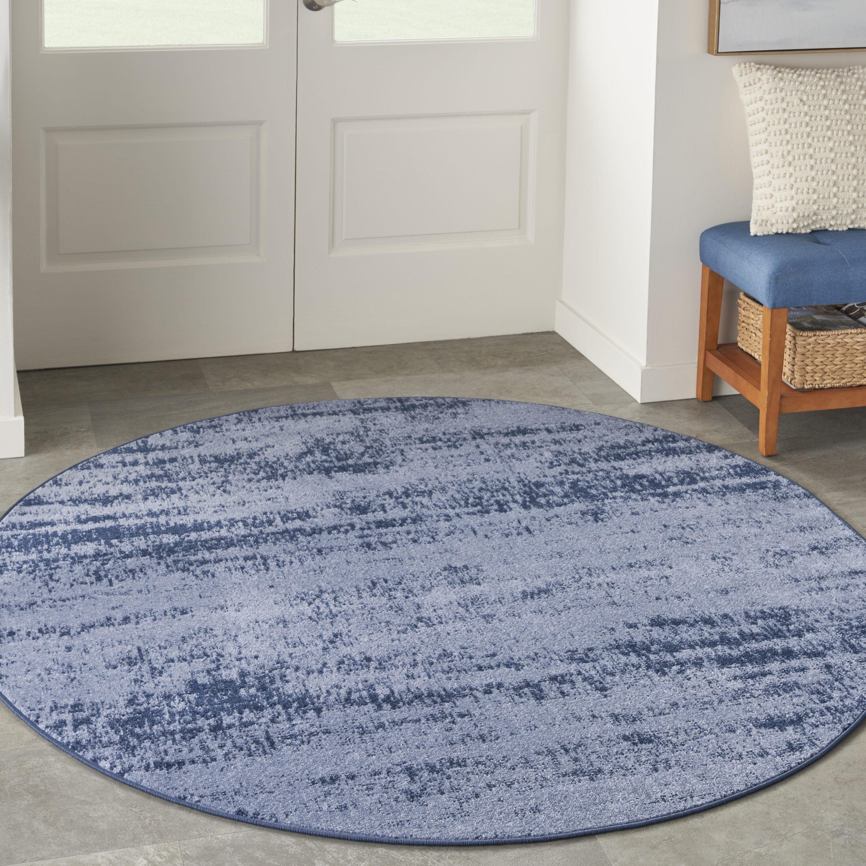 Nourison 099446149978 Essentials 6 x 6 (ft) Loomed Polypropylene Denim Round Indoor/Outdoor Abstract Mid-Century Modern Area rug