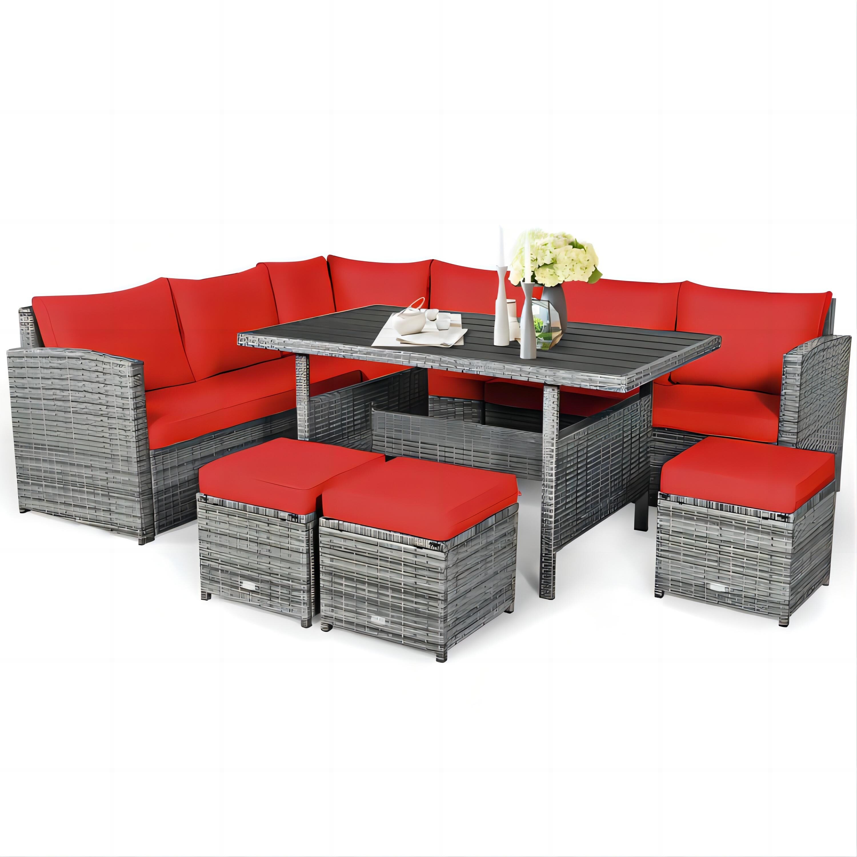 7 Pieces Patio Rattan Red Dining Furniture Sectional Sofa Set with Wicker Ottoman | - Forclover HYFAS18RE