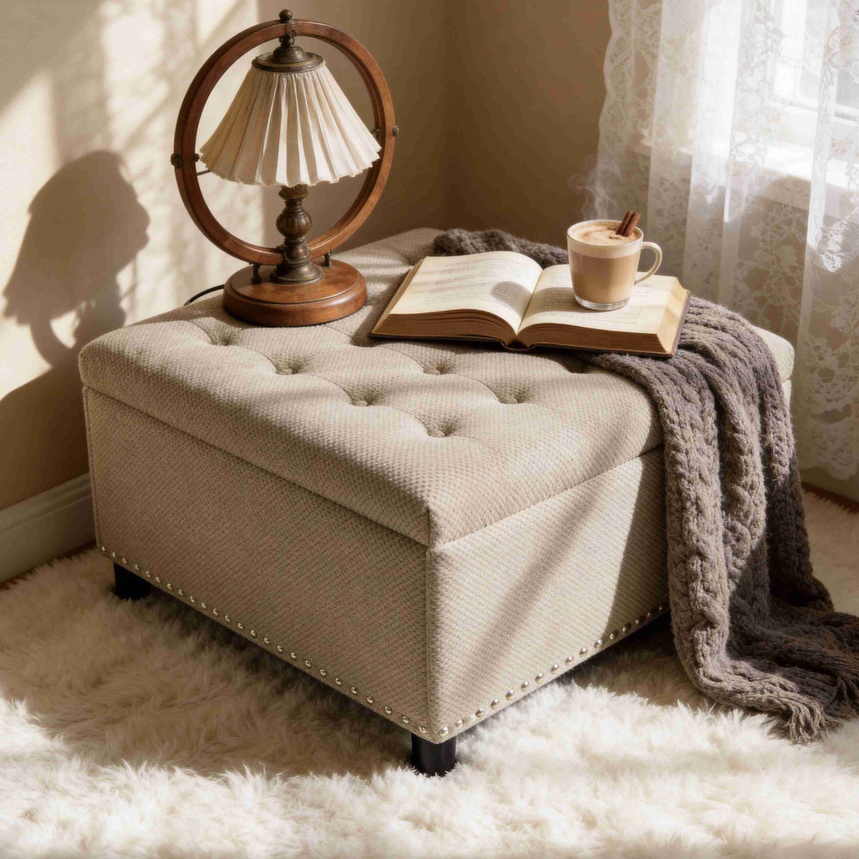 JPJPUU Camel Square Storage Ottoman Tufted Footstool Upholstered Coffee Table for Small Space