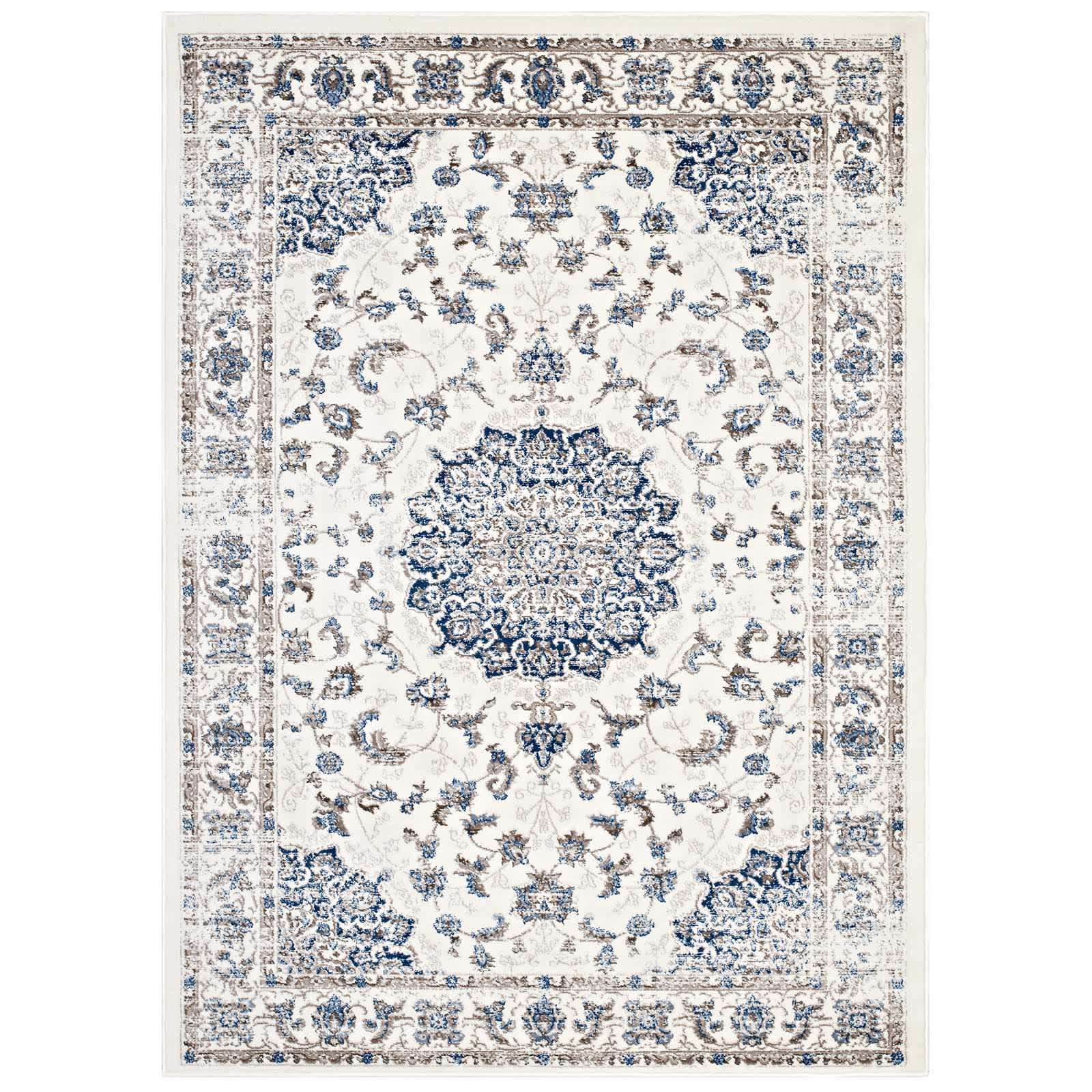 Modway  Lilja Distressed Vintage Medallion 5-ft x 8-ft Area Rug in Ivory and Moroccan Blue