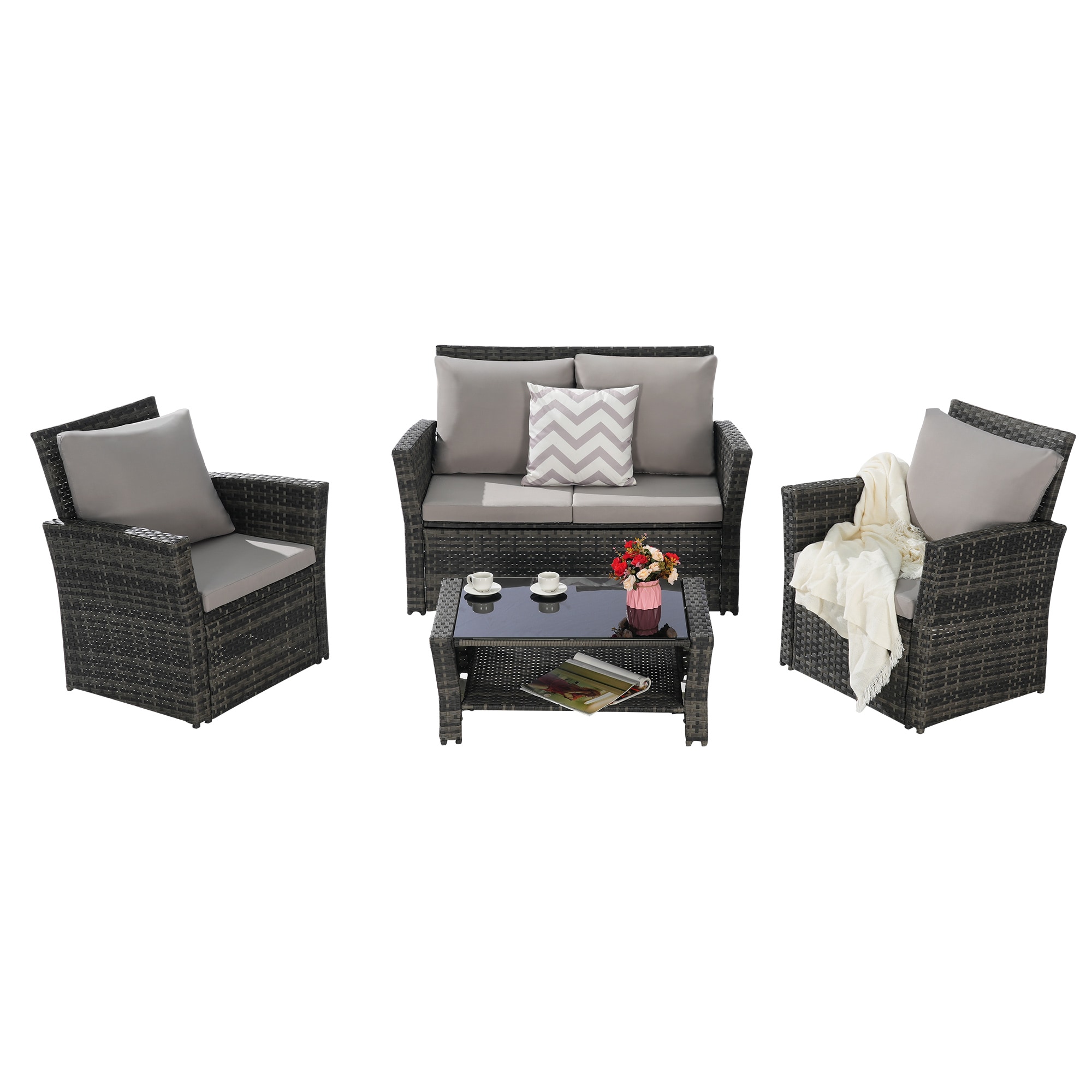 CASAINC BH-074BAA Patio Rattan Conversation Sets 4 -Piece Rattan Patio Sofa Conversation Set with Gray Cushions