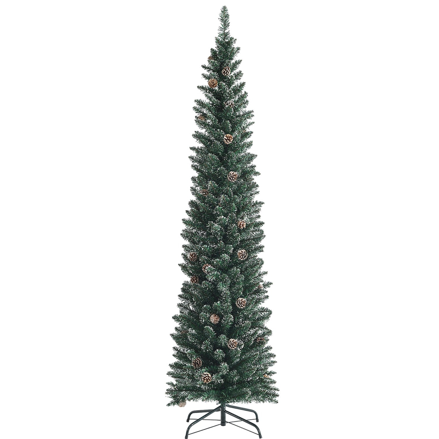 Costway CSHY000227 7ft Unlit Snowy PVC Artificial Slim Christmas Pencil Tree with Pine Cones