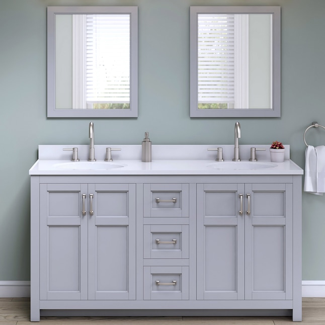 Light Gray Double Sink Bathroom Vanity, Bathroom Vanities With Mirror And Lights