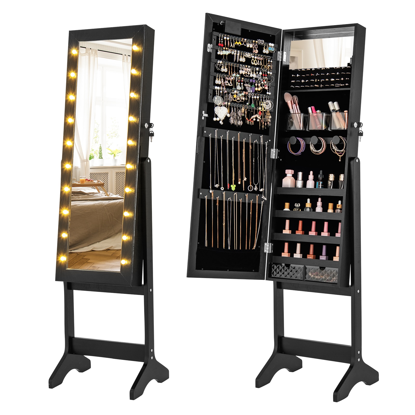 Fenbeli - Freestanding Jewelry Armoire with Full Length Mirror 20 Warm LED Lights and 4 Tilt Angl...