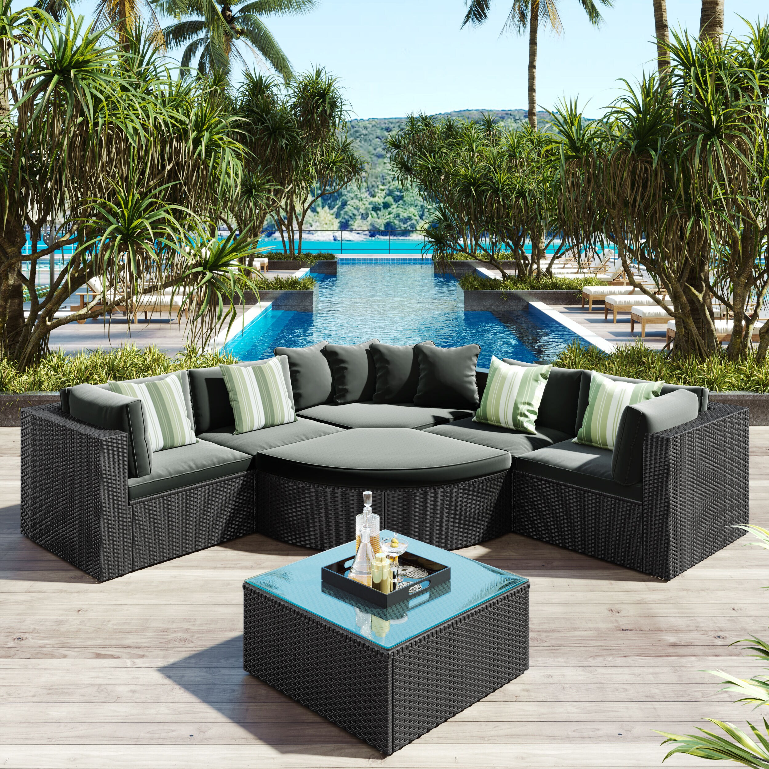 ModernLuxe L-FG201212AAE 7 -Piece Wicker Patio Conversation Set with Gray Cushions