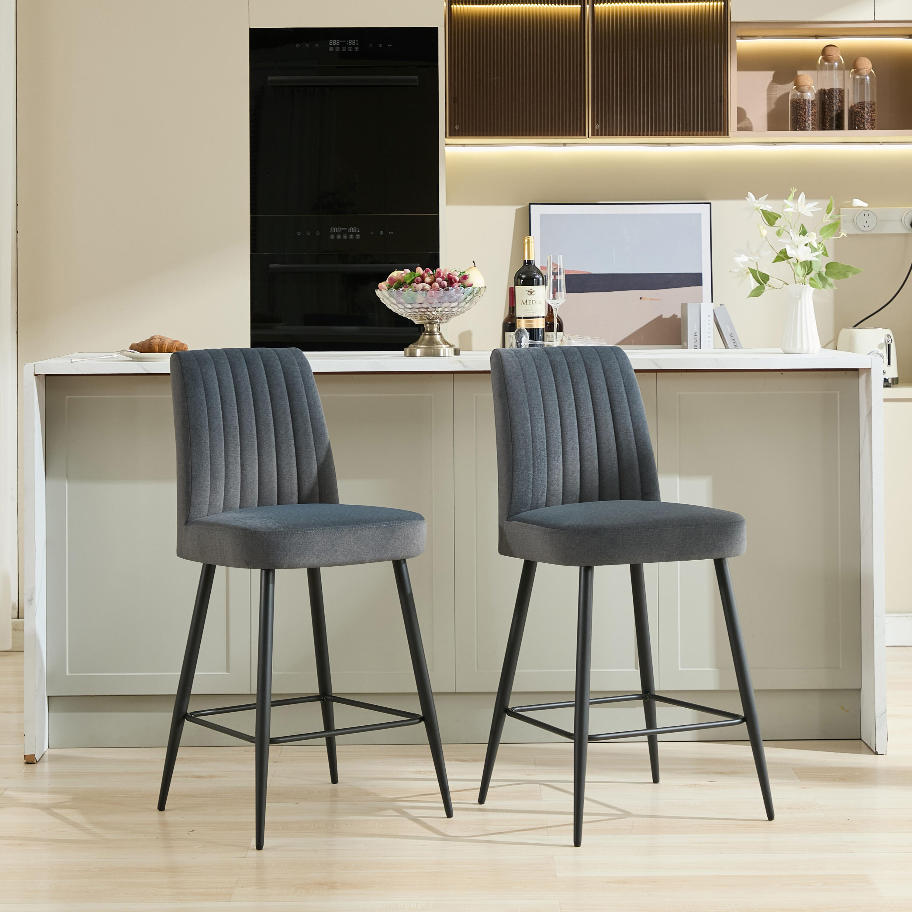 GDFStudio Airlie Minimalist Upholstered Velvet Bar Chair with Adjustable Iron Foot (Set of 2) - Dark Grey