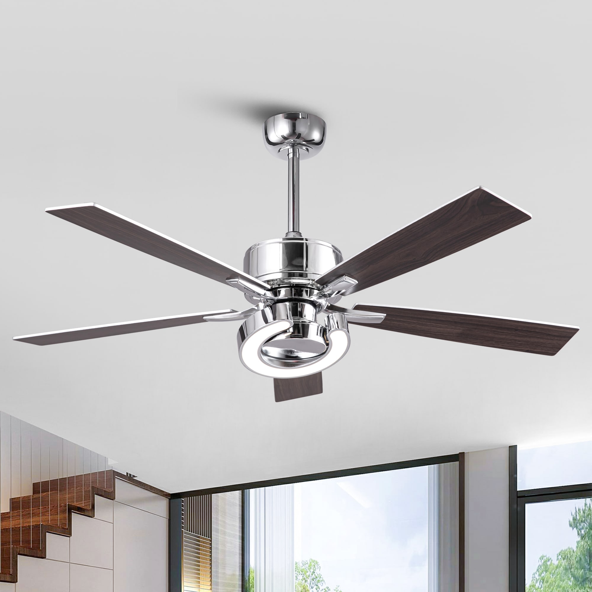 Parrot Uncle F6018CR 52-in Color-Changing Integrated LED Chrome with Silver Blades Ceiling Fan With Light - Remote Included ( 5 -Blade )