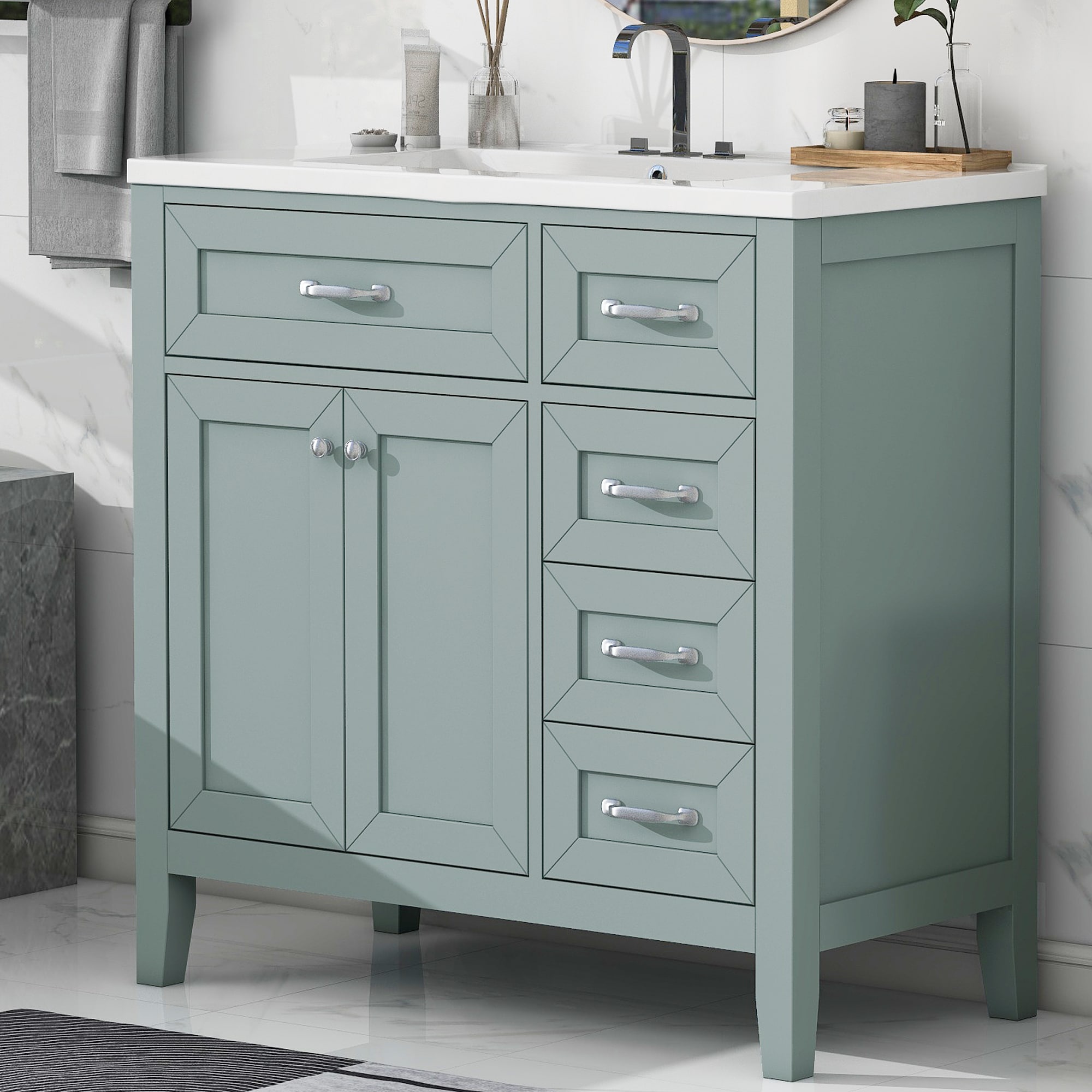 Afhocomp 36 in. Single Sink Freestanding Green Bath Vanity with White Integral Ceramic Basin