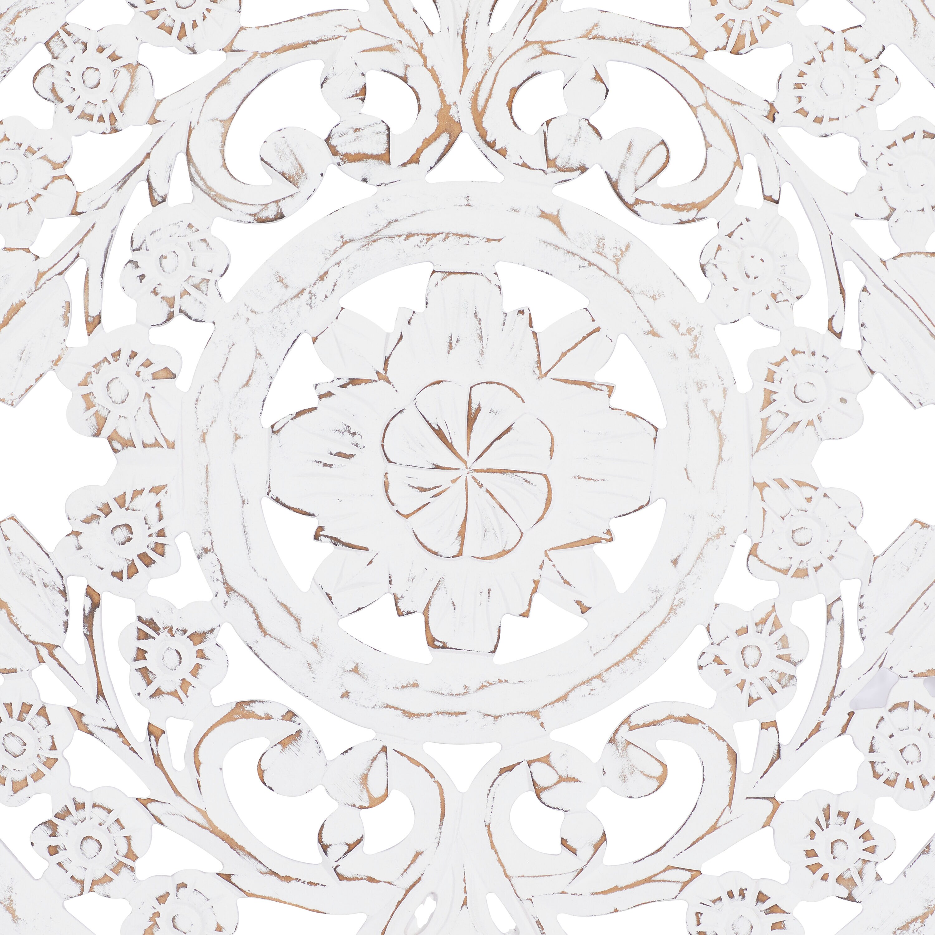 Whitewashed Wood Botanical Carved Wall Panel, 36" Square