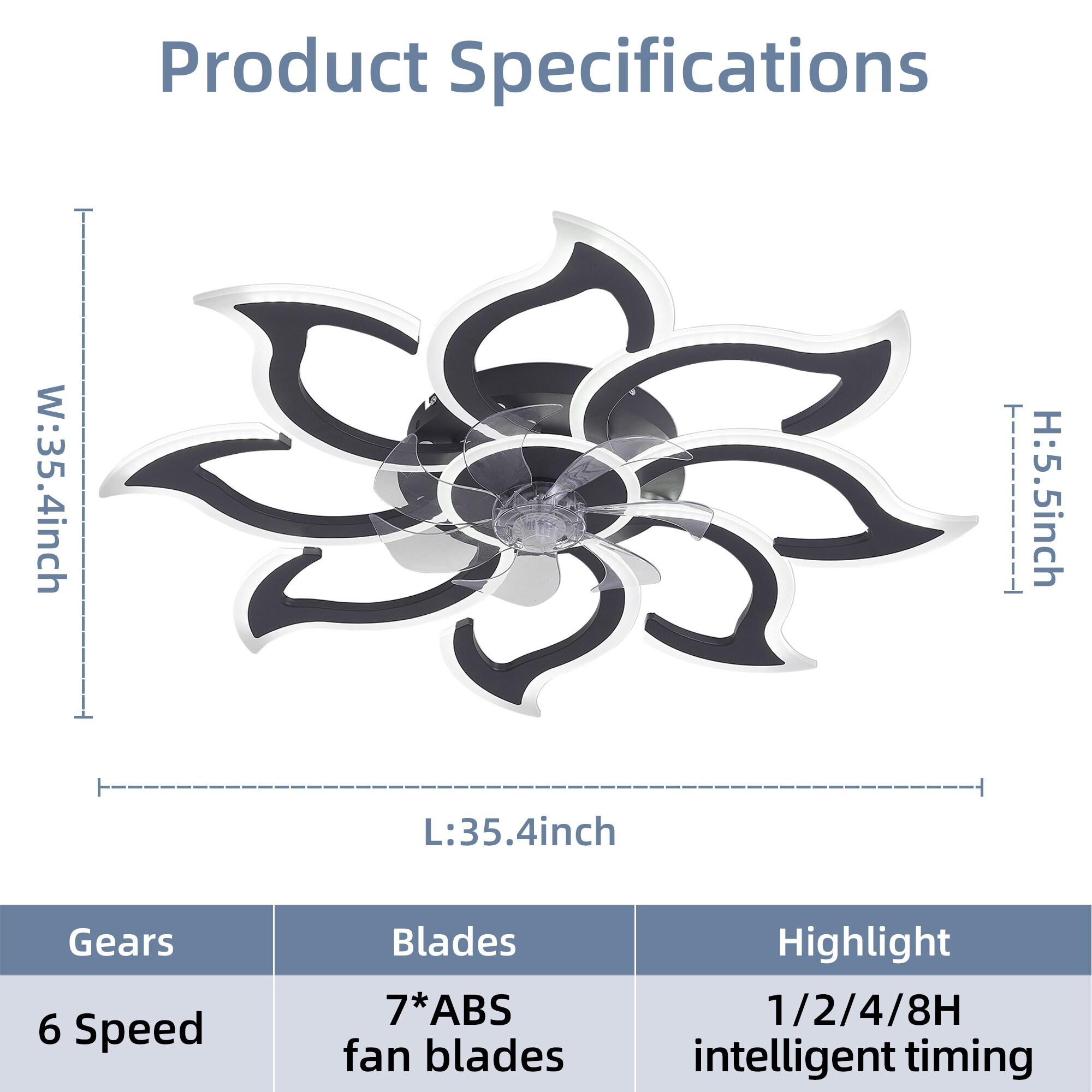 JUSHUA XJ 35.4 Inch Black Ceiling Fan with APP Control and Transparent ...