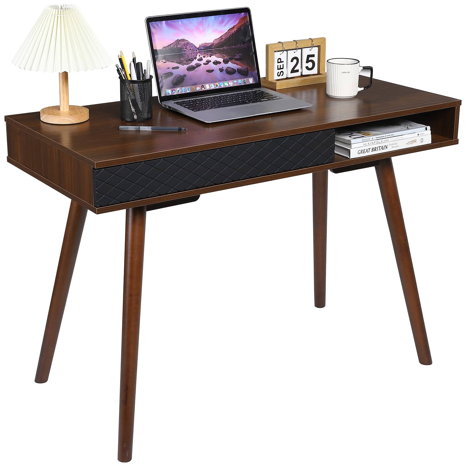 Qeetex JXNAG-PHO-0Z369SE0 Modern Home Office Writing Desk 42 Inch Computer Table Desk with Drawers Simple Mid Century Modern Desk-Walnut