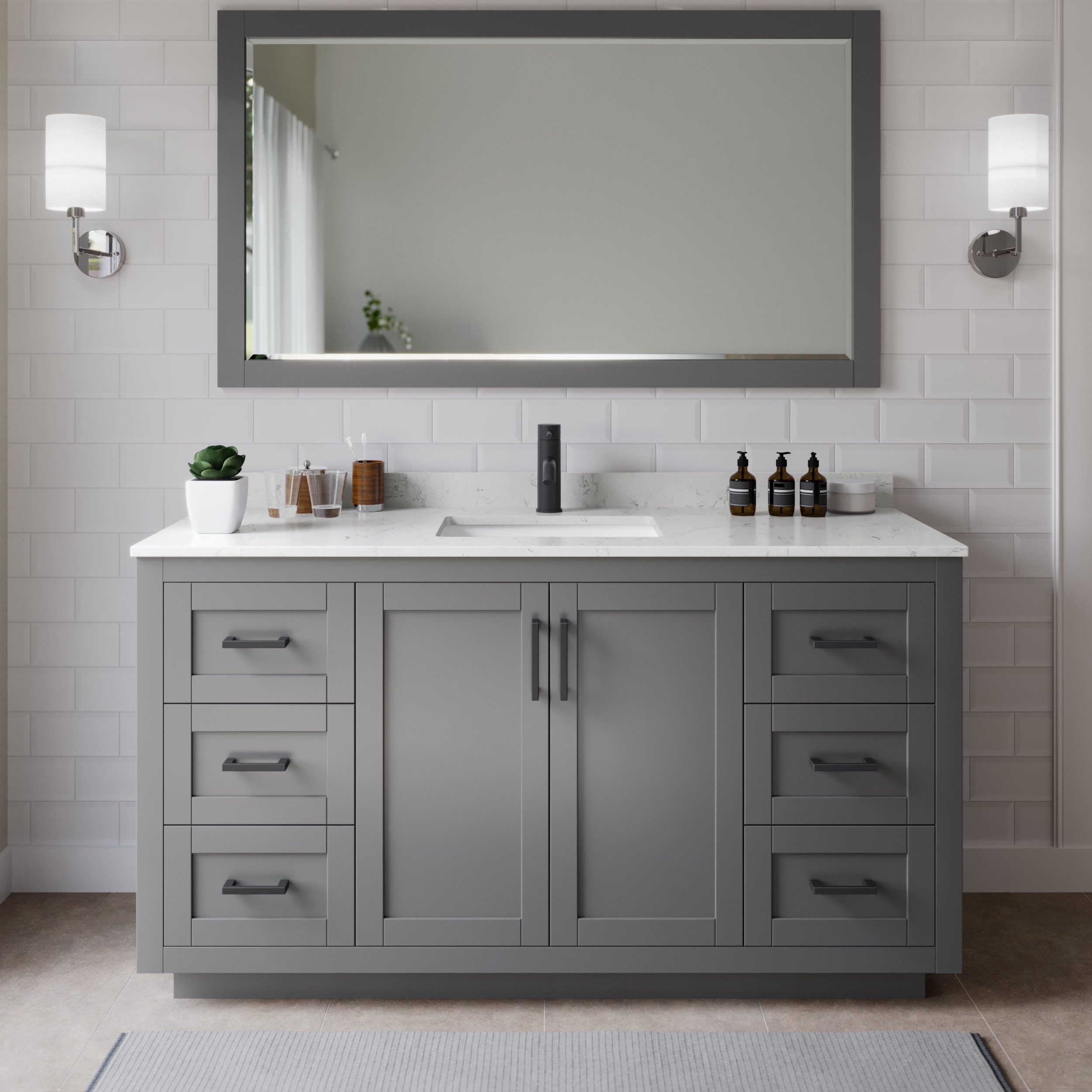 Wyndham Collection WCF292966SGBC2UNSM58 Miranda 66-in Dark Gray with Matte Black Trim Undermount Single sink Bathroom Vanity with Carrara Cultured Marble Cultured marble Top (Mirror Included)