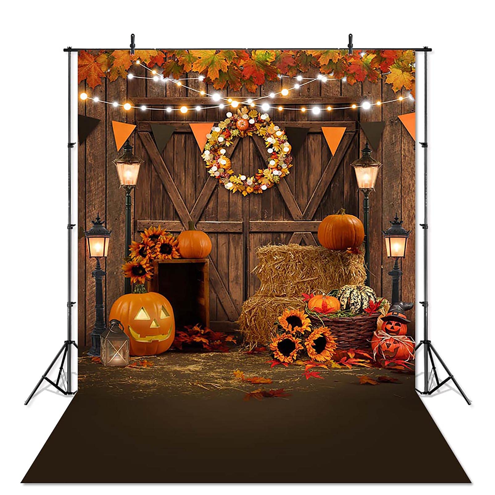 KIWDZFU  Fall Thanksgiving Photography Backdrop Autumn Pumpkin Harvest Barn Background Maple Leaves Rustic Wooden Door Garland Backdrops for
