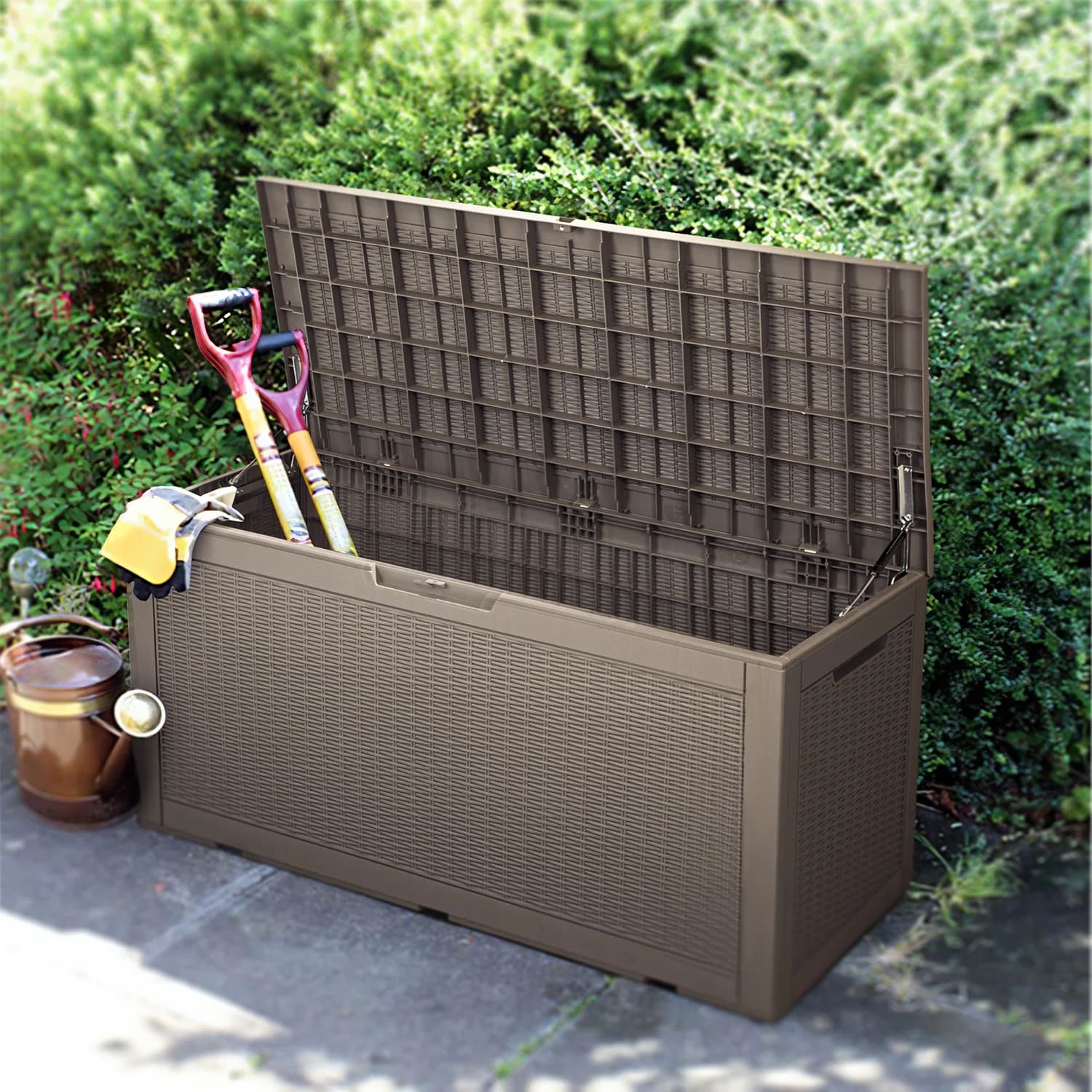 Suncast 46.125-in L x 9.75-in 78-Gallons Taupe Plastic Deck Box in the Deck  Boxes department at